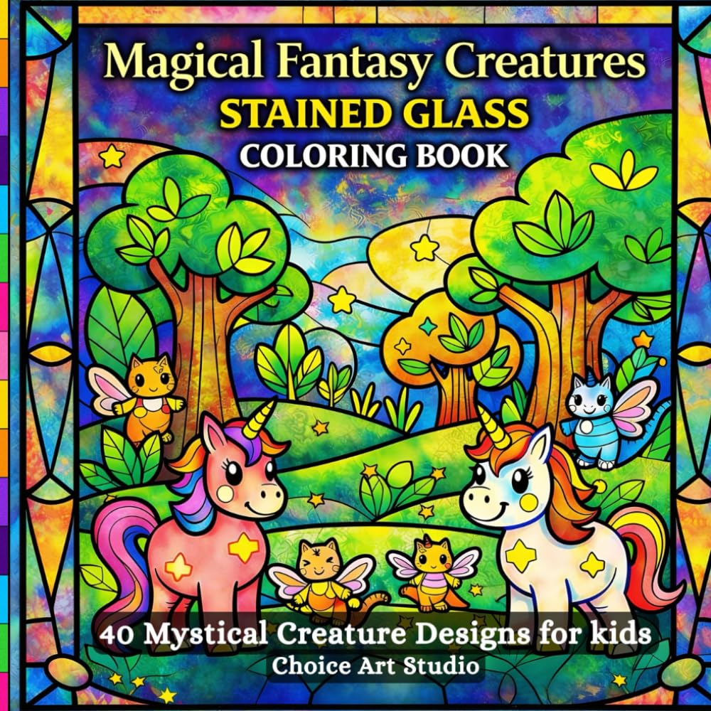 Magical Fantasy Creatures Stained Glass Coloring Book for Kids Ages 4-10: 40 Adorable Mystical Creature Designs | Unicorns, Dragons, Phoenix & More | Perfect Gift for Kids