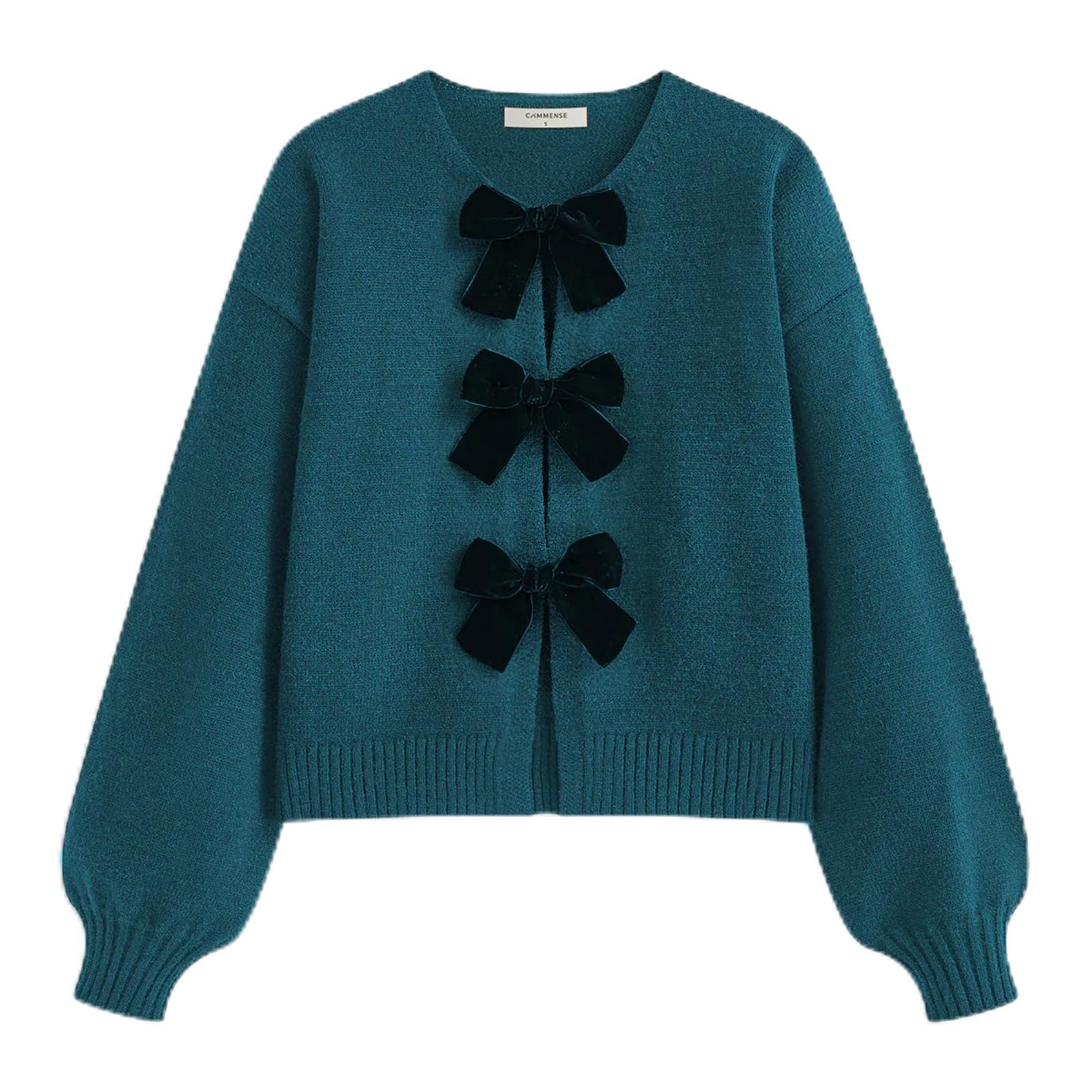 Womens Tie Front Cardigan Sweaters Bow Long Sleeve Crew Neck Loose Cropped Knit Y2K Fall Sweater Tops