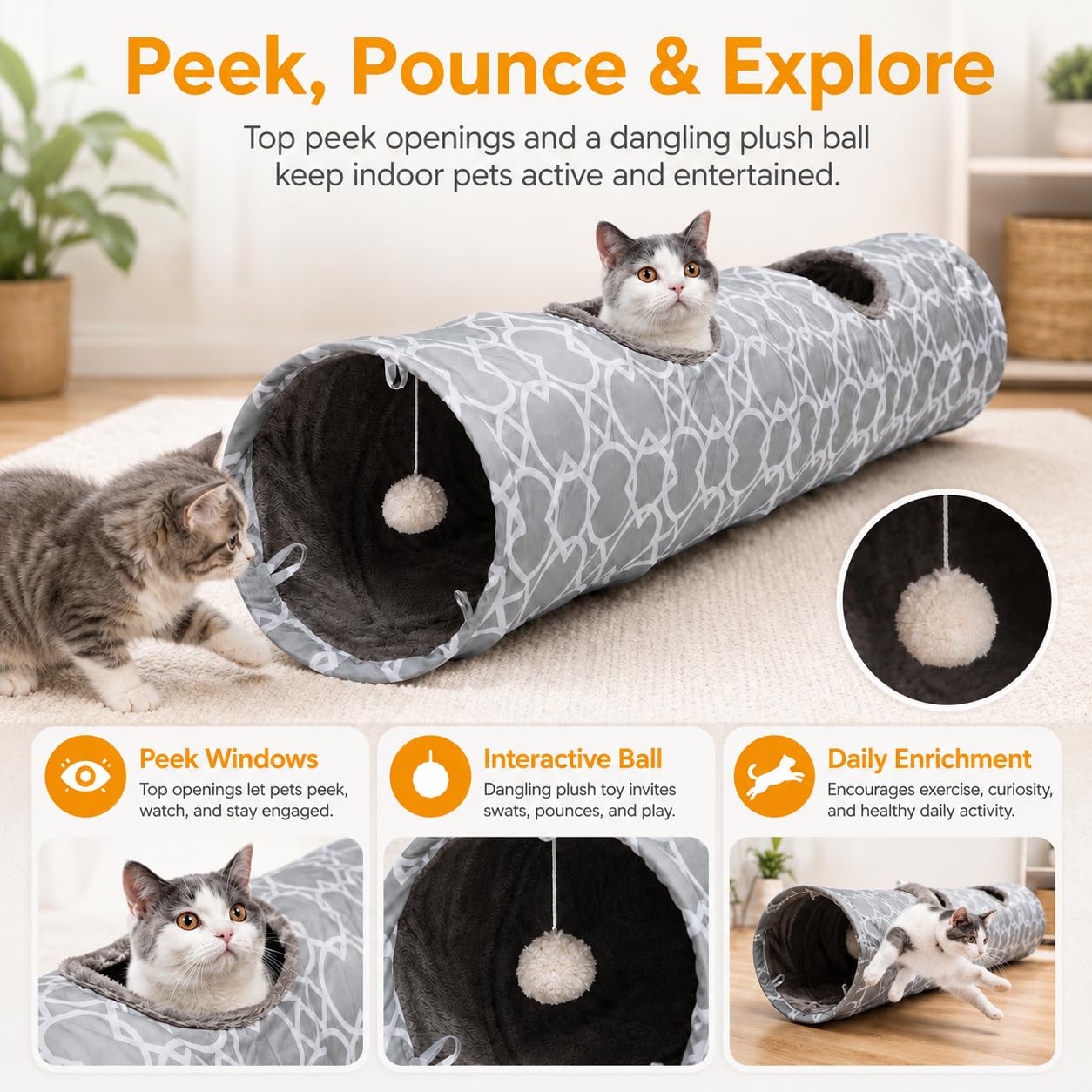 Túnel geométrico recto para gatos con interior de felpa, juguetes para gatos, tubo plegable con bolas, para conejos, gatitos, hurones, cachorros, diámetro de 9.8 pulgadas