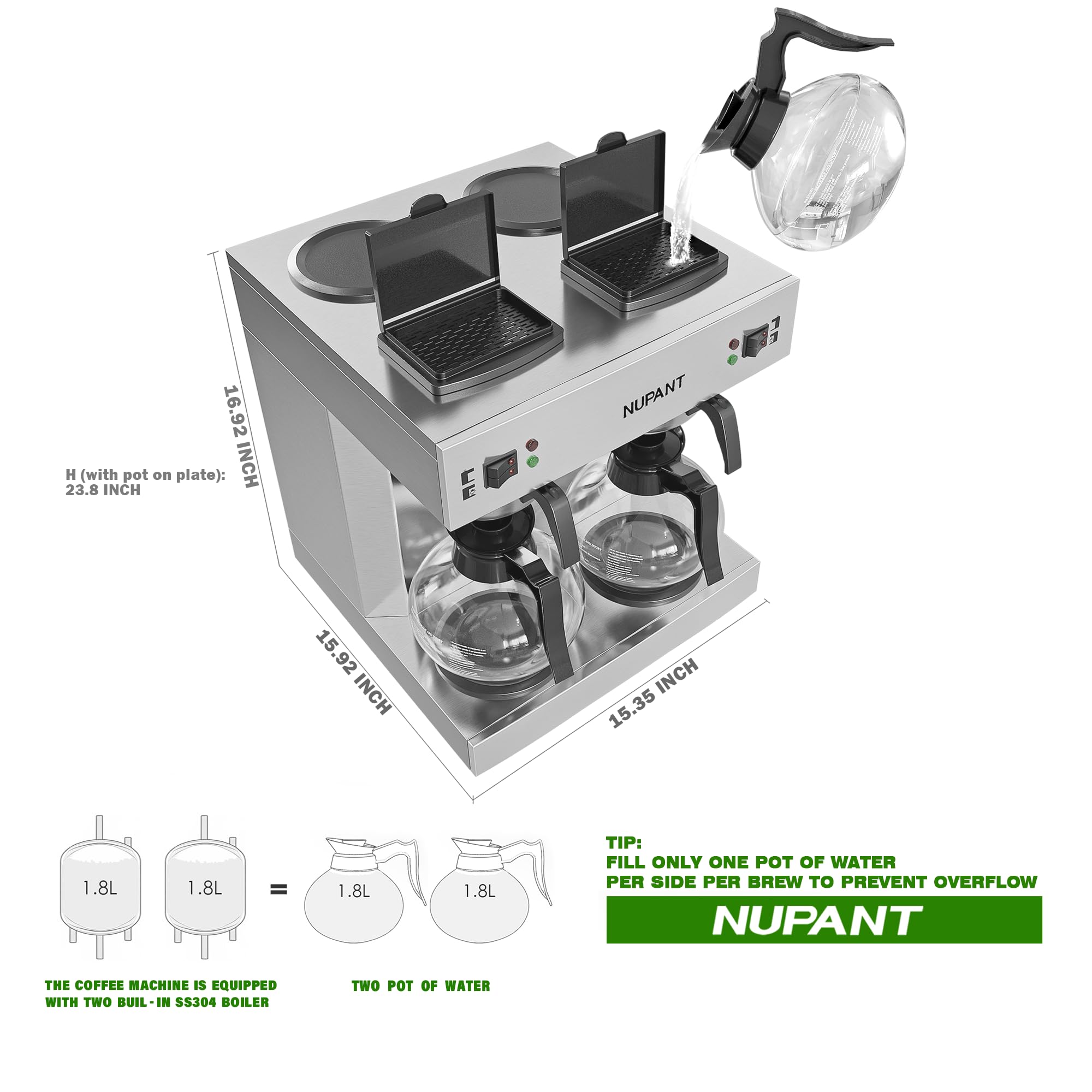 NUPANT Dual Drip Commercial Coffee Maker, 200 Cup/hour, 7.2L Pour Over Coffee Machine with 4 Glass Carafe and 4 Warmers, Stainless Steel Double Coffee Brewer Staition for Restaurant and COFFEE Bar