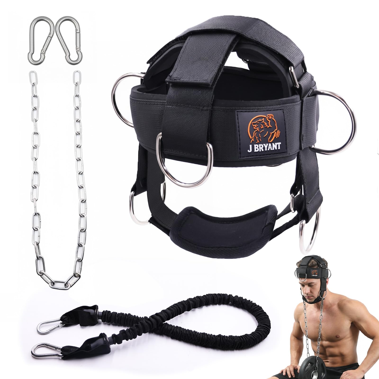 J Bryant Neck Harness with Resistance Band – 360° Neck Strength Trainer for Gym & Home Workouts, Adjustable Head Harness with Chin Strap (Steel Chain System)
