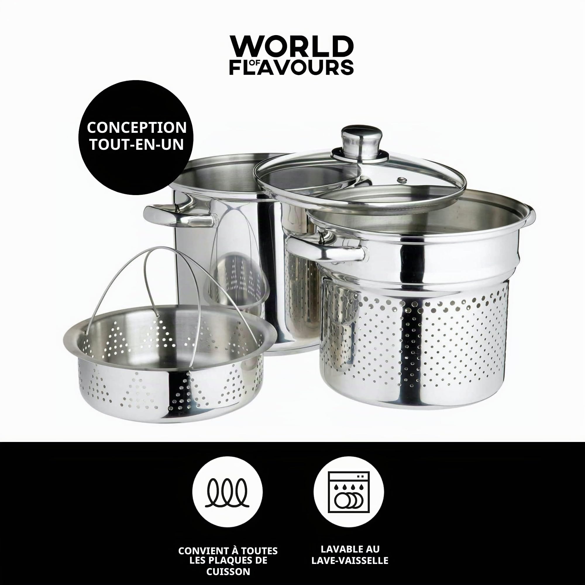 KitchenCraft - Pot À Pâtes World Of Flavours Avec Passoire Et Panier À Légumes Dans Une Boîte Cadeau, Résistant À L'Induction, Acier Inoxydable, 4 Litres