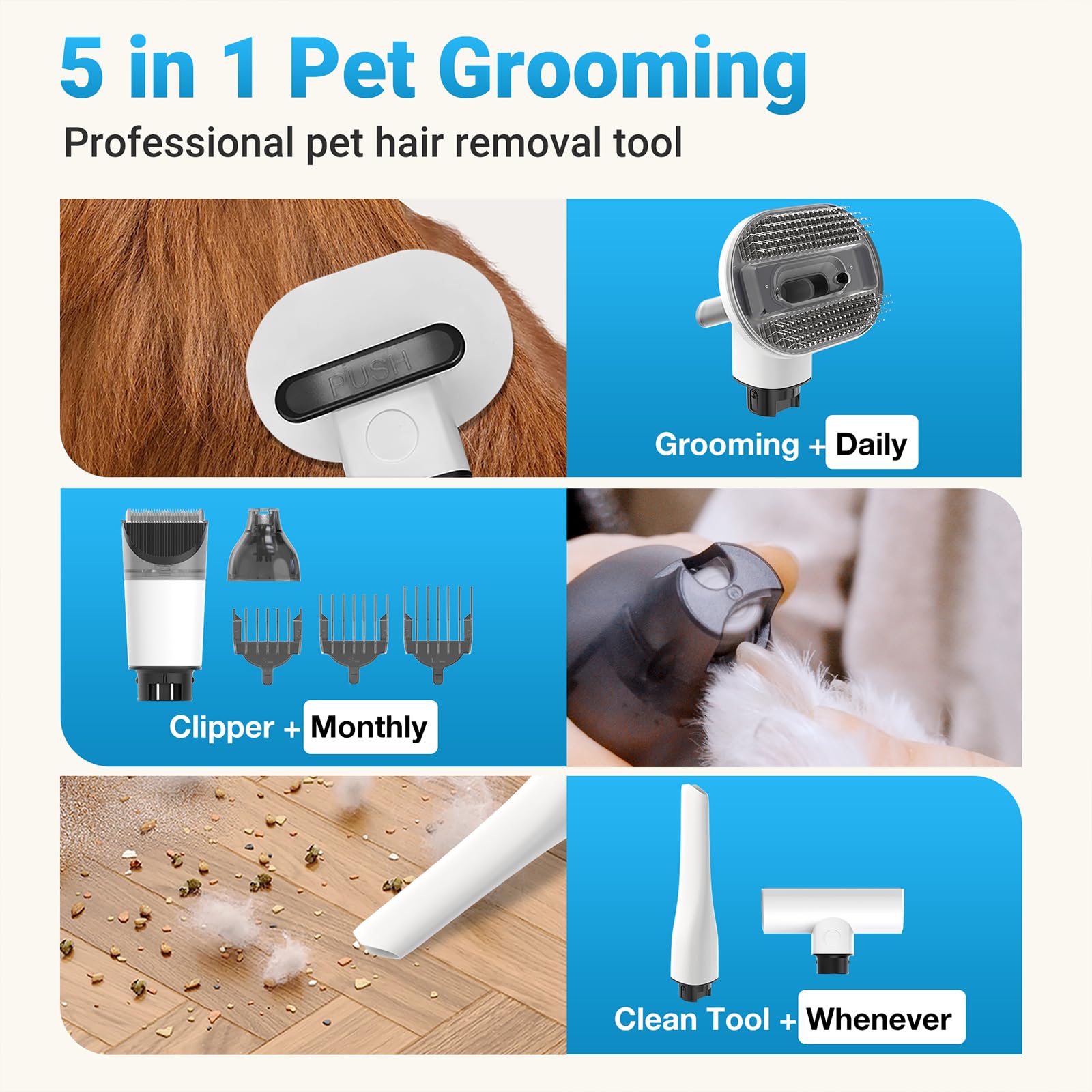 petaboo Aspiradora inalámbrica de aseo para perros, kit de aseo para perros con cortaúñas para perros, 5 herramientas de aseo para mascotas, taza de polvo de 2.2 L, bajo ruido, aspiradora para perros
