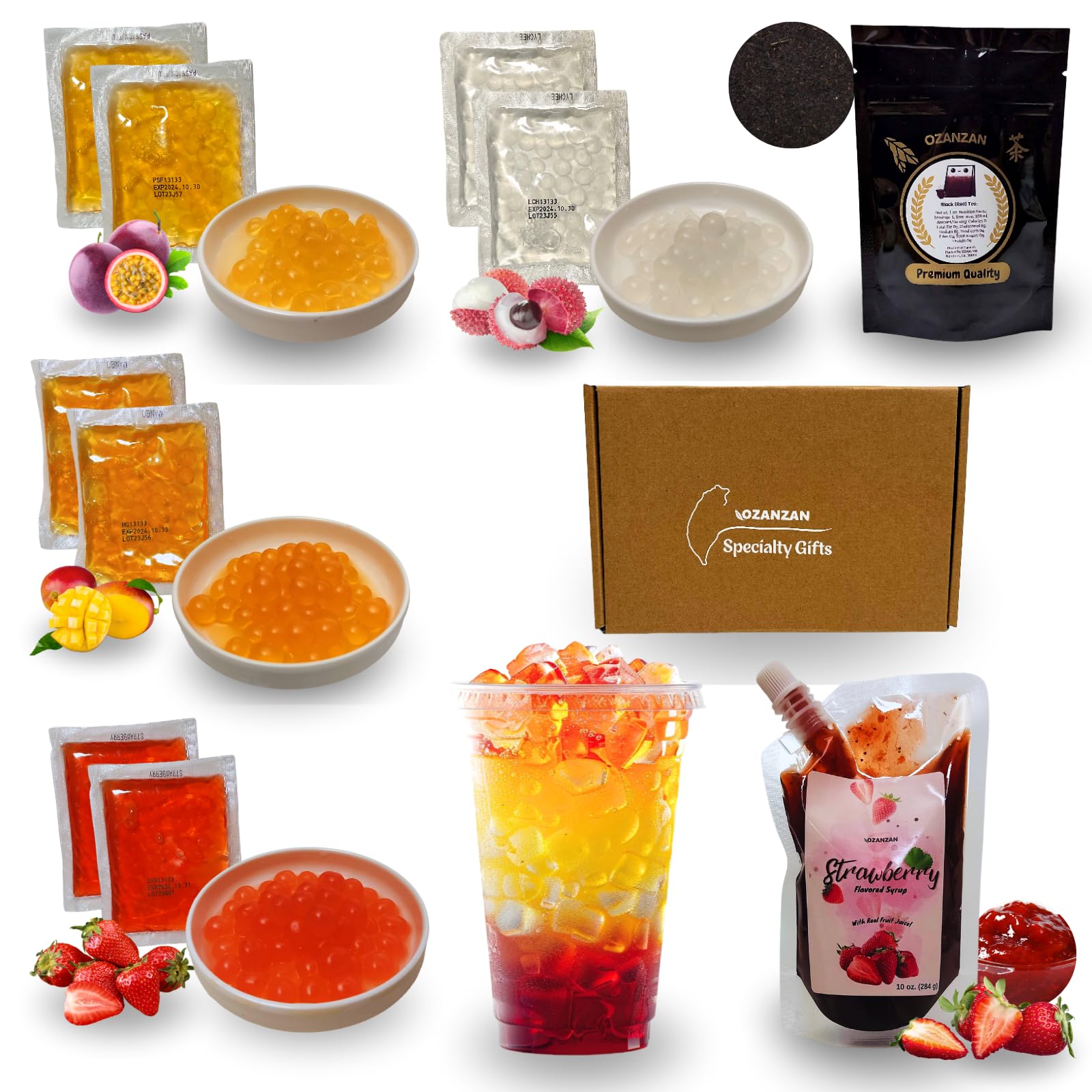 OZANZAN Popping Boba Syrup kit DIY from Taiwan. 8 Drinks. Bursting Pearl To-Go Packets. Strawberry Fruit Syrup Made with Real Juice. Premium Tea. Fat straws. Non-GMO, Gluten-Free. Authentic gifts