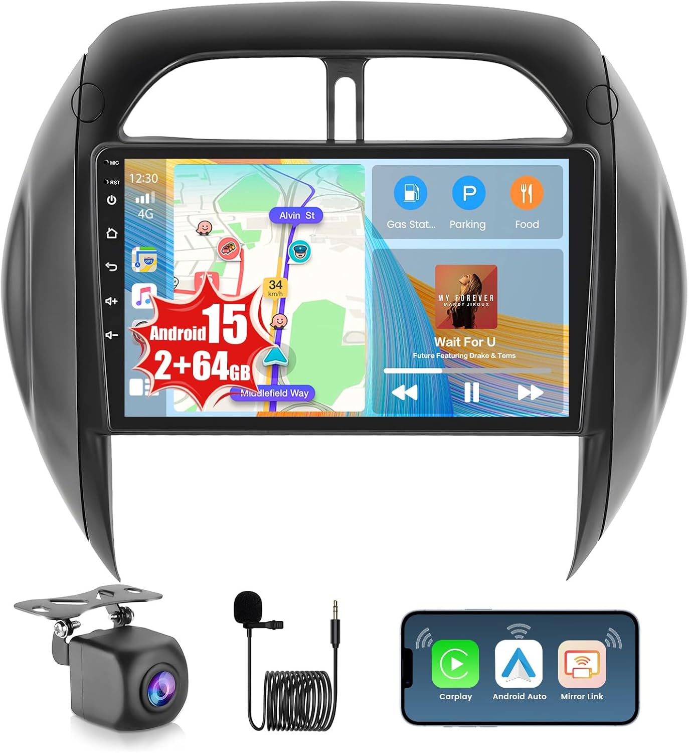 2+64GB Android 15 Car Stereo for Toyota RAV4 2003 2004 2005 with Wireless CarPlay Android Auto, 9" Touch Screen Car Radio for RAV4 with GPS WiFi Bluetooth FM/RDS EQ 26UI Backup Camera MIC