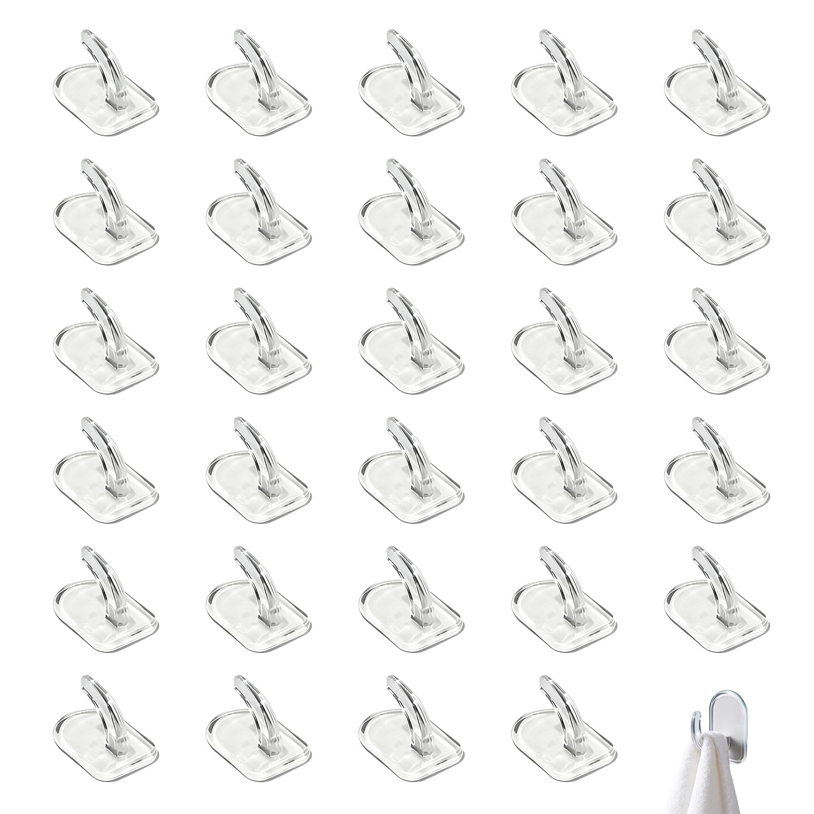 30Pcs Sticky Hooks for Hanging,Damage Free Removable Wall Hooks Stick On,Small Plastic Self Adhesive Hooks,Clear Transparent Heavy Duty Command Hook Style for Kitchen Bathroom and Office Use (3x2cm)