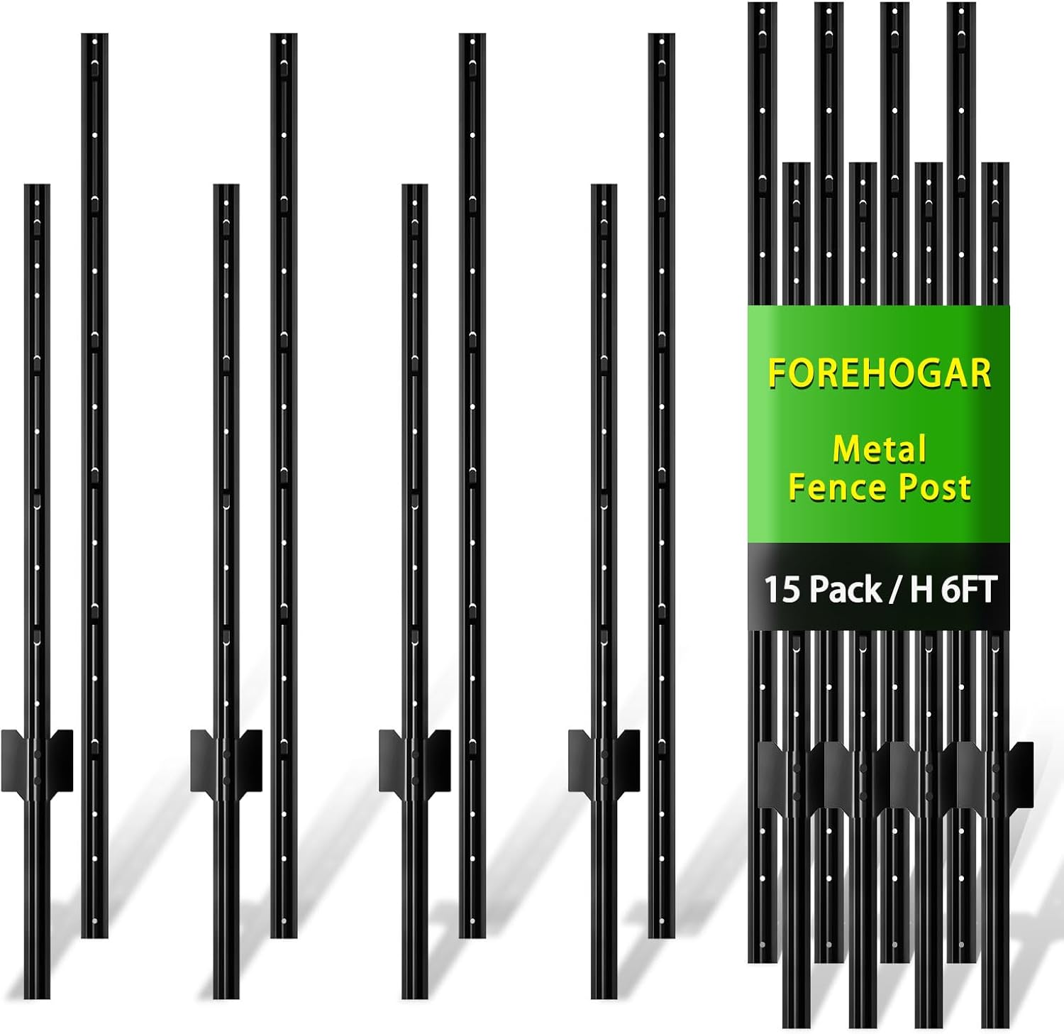 Metal Fence Post Black 6 feet, Pack of 15, T Posts for Fences Wire Mesh, No Dig Steel Stakes Fencing for Garden Yard Farm Outdoor Light Duty 6 FT- 15 SPLICING
