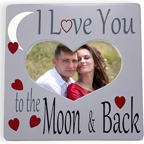 I Love You Picture Frame, I Love You to the Moon and Back Photo Frame, Heart Shaped Opening, Romantic Gift for Her, Wife, Girlfriend, Anniversary, Valentines Day, Holds 6 x 4 Photo, 8 x 8