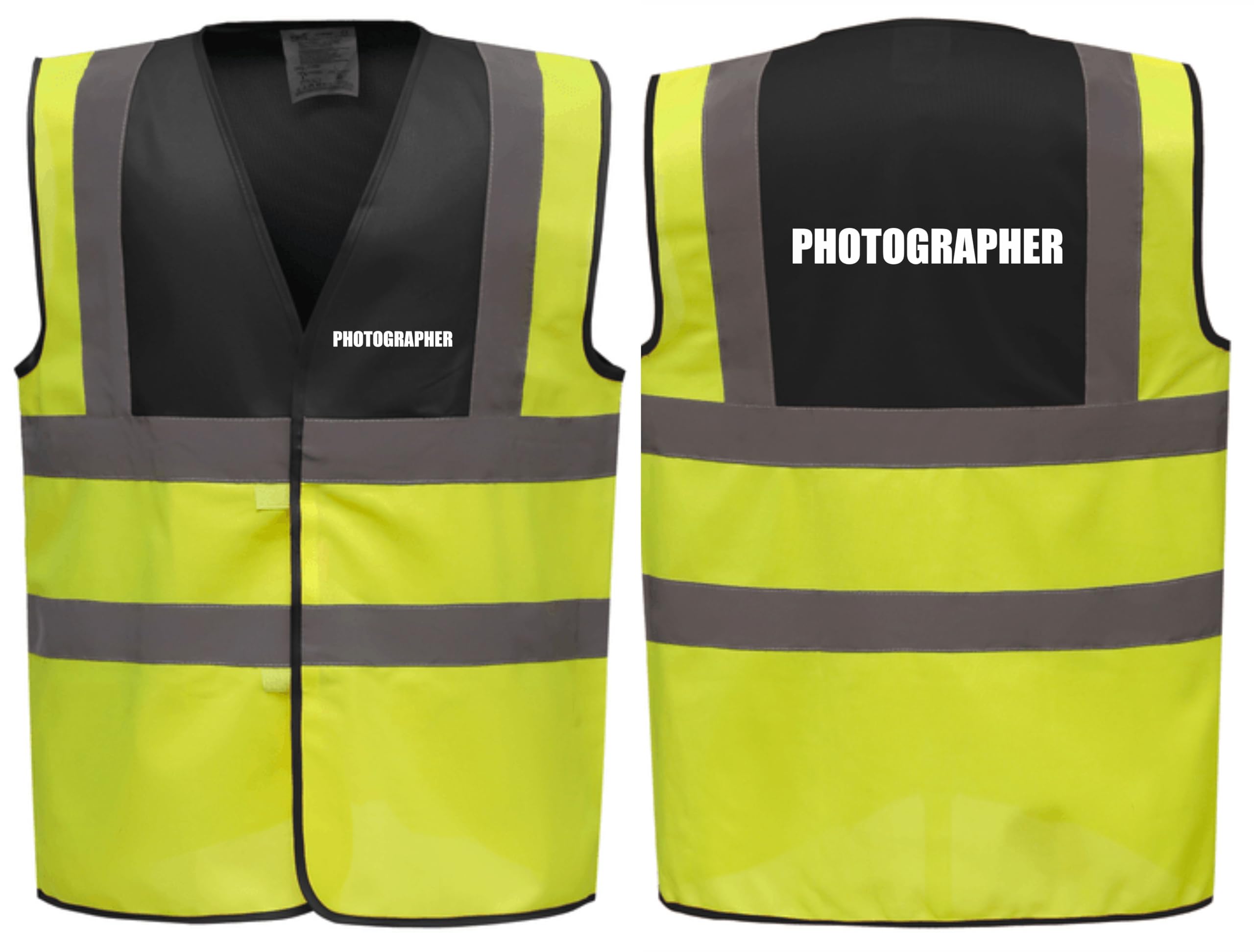 Brook Hi Vis Premium Two Tone Safety Vest - PHOTOGRAPHER Printed Front & Back, Event Management High Viz Waistcoat, Available 8 Colours Hi Vis Vest (Black/Yellow, Medium)
