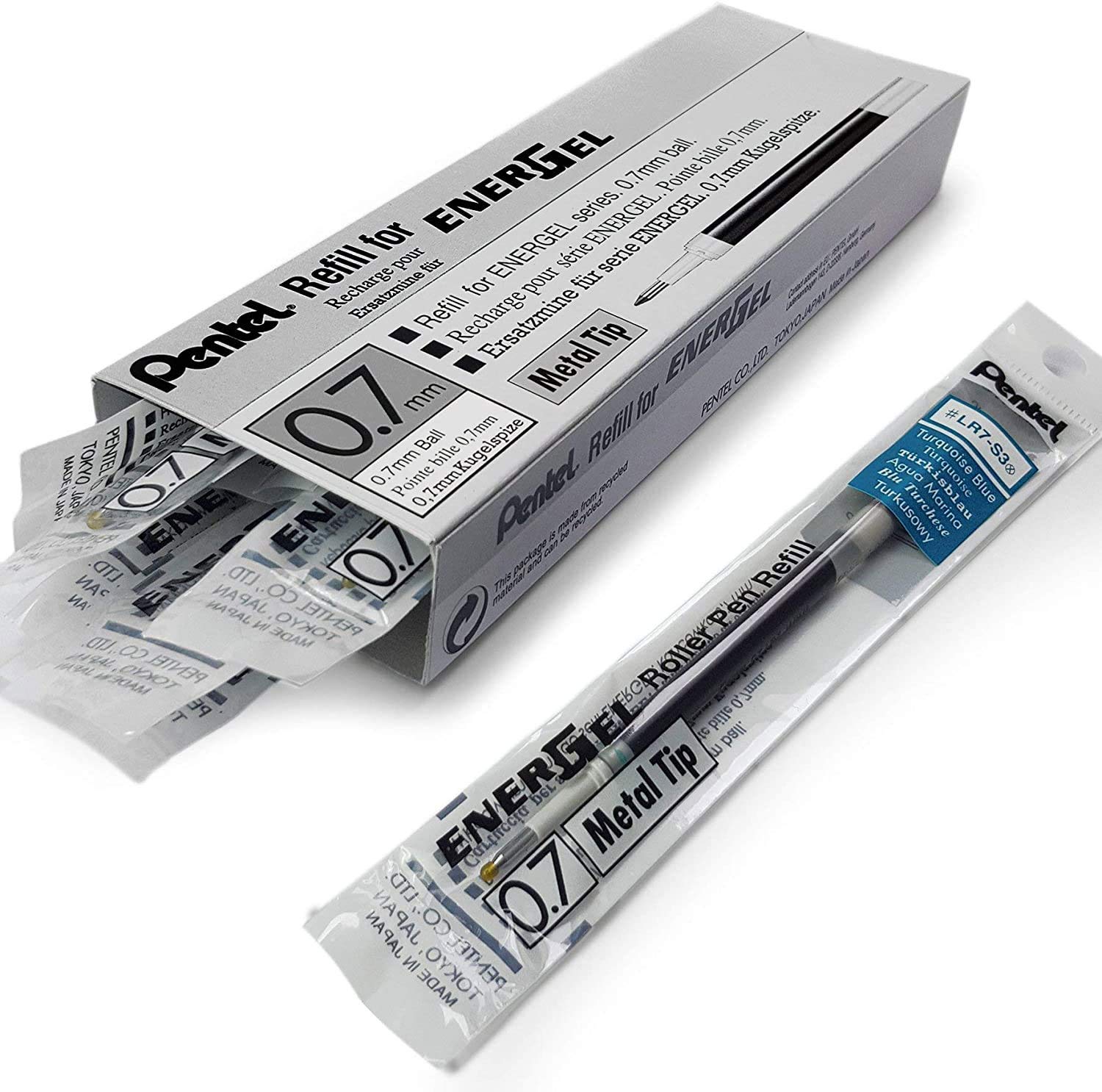 Box of 12 x PENTEL Energel 0.7mm Refill Metal Tip LR7 - Fits Energel Xm, BL77/BL57/BL37 - Turquoise Ink