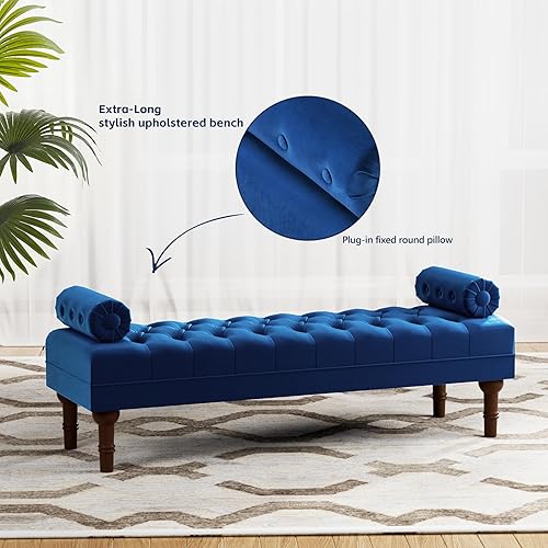 Miniatura 3 de Batohom Banco de 60.2 pulgadas, banco de terciopelo de tamaño grande para dormitorio, banco de ventana tapizado con botones, banco de entrada, banco