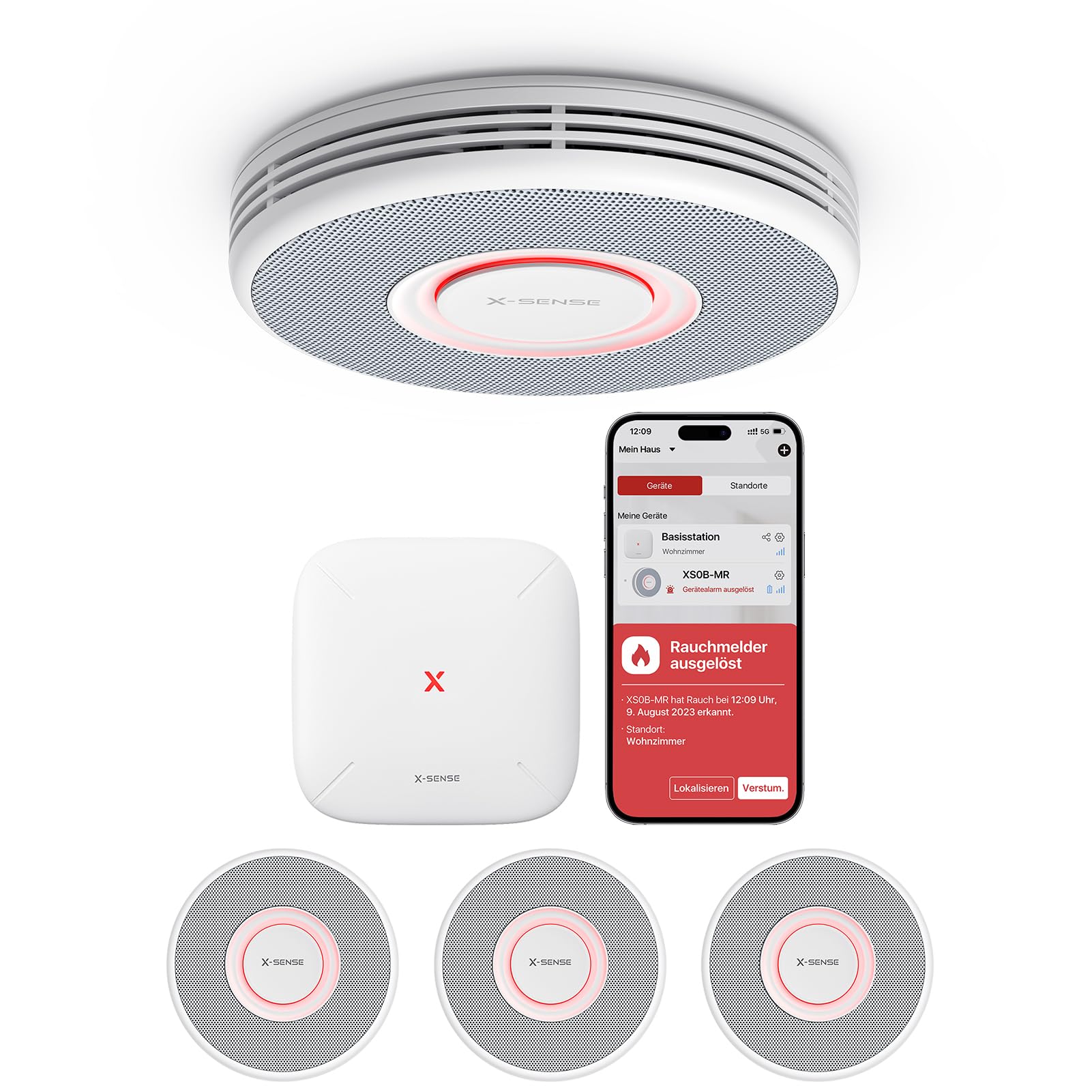 X-Sense Smarter Rauchmelder WLAN mit Sprachausgabe und 17 Standorten, Feuermelder, Rauchmelder vernetzt, 33 mm, Brandmelder mit SBS50 Basisstation, XS0B-MR31, 3 Stück