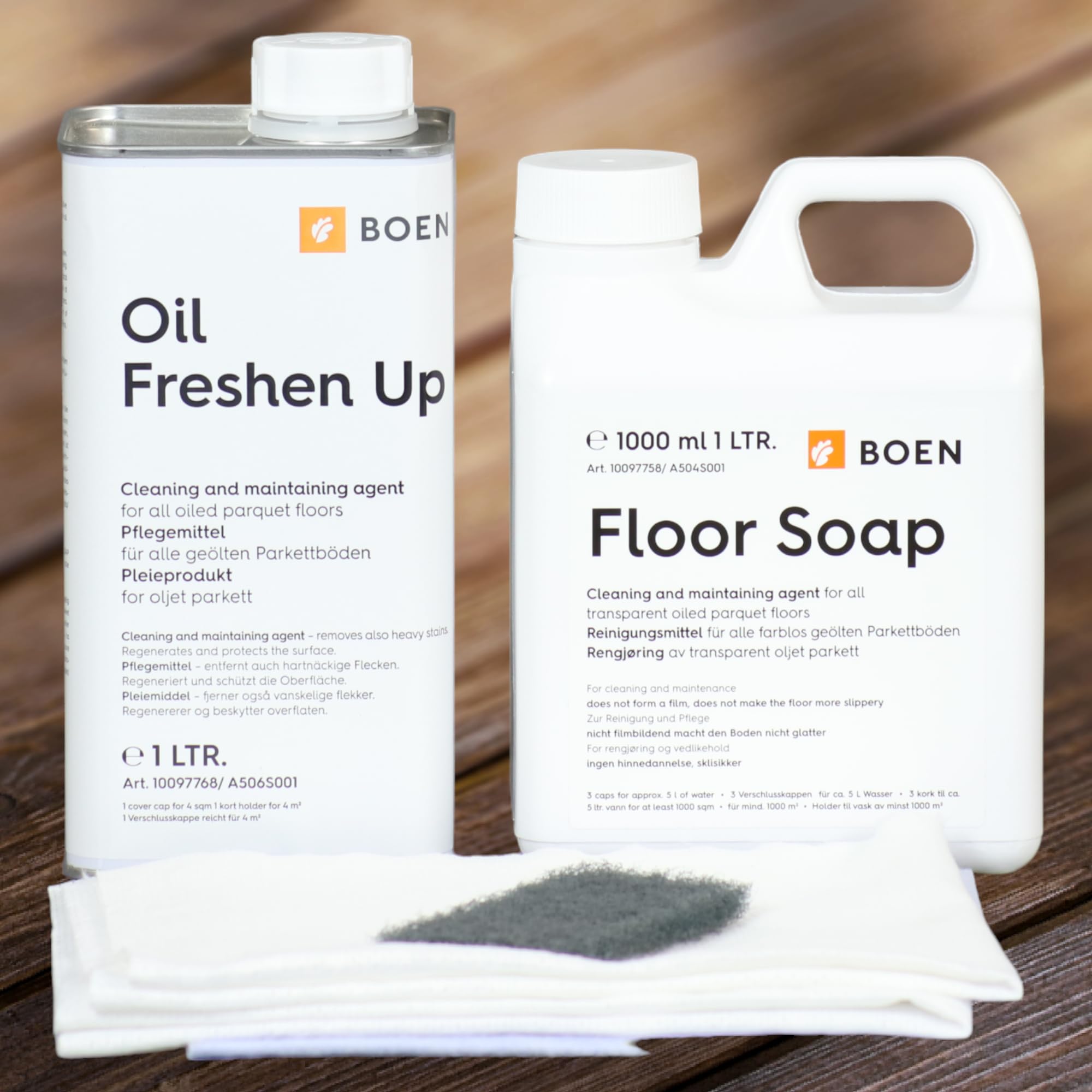 HPS | Kit de mantenimiento - para el cuidado Boen para engrasada de parquet - colour blanco - 1lt Boen de parquet de jabón - 1lt Boen Freshen Up transparente incluido de cuidado toallitas húmedas