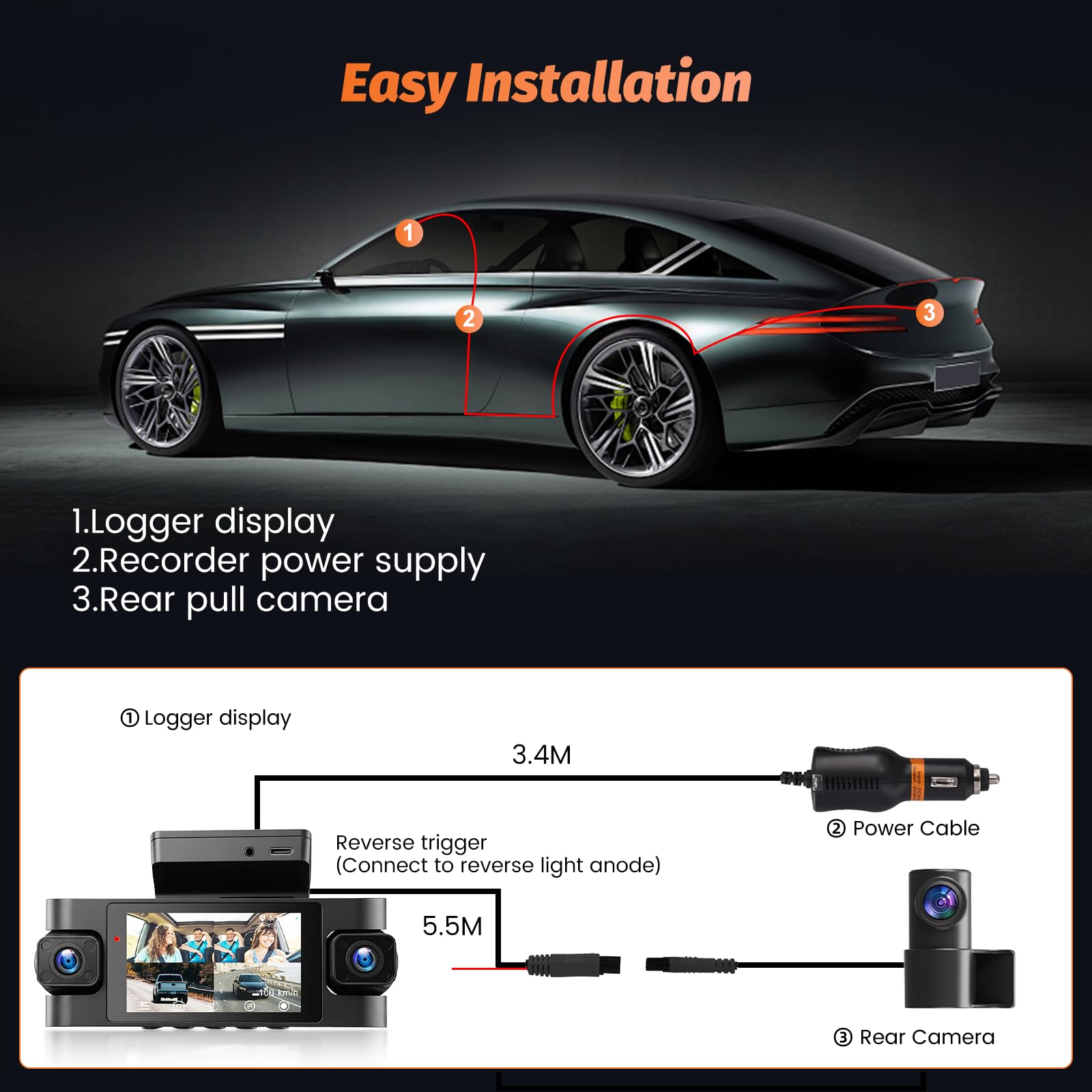 Roinvou Dashcam Delantera y Trasera 4 Canales, Cámara de Salpicadero 2K con WiFi 5GHz, App Control, Grabación en Bucle, Monitor de Estacionamiento 24h, Incluye 64G SD y Cámara Trasera
