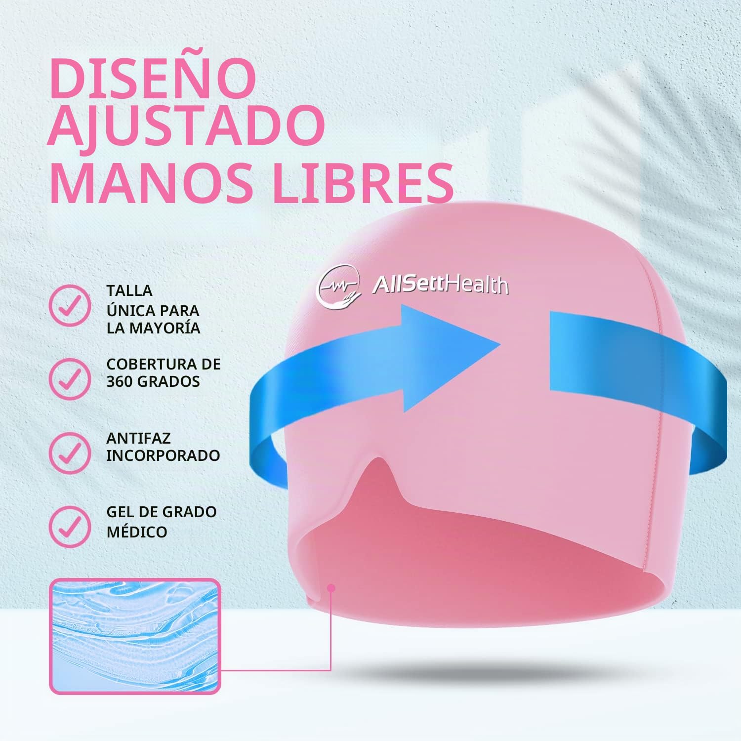 AllSett Health Alivio de la migraña, envoltura de cabeza de hielo para el dolor de cabeza y migraña, paquete de hielo de gel frío con máscara facial y de ojos para enfriar la migraña, alivio del dolor