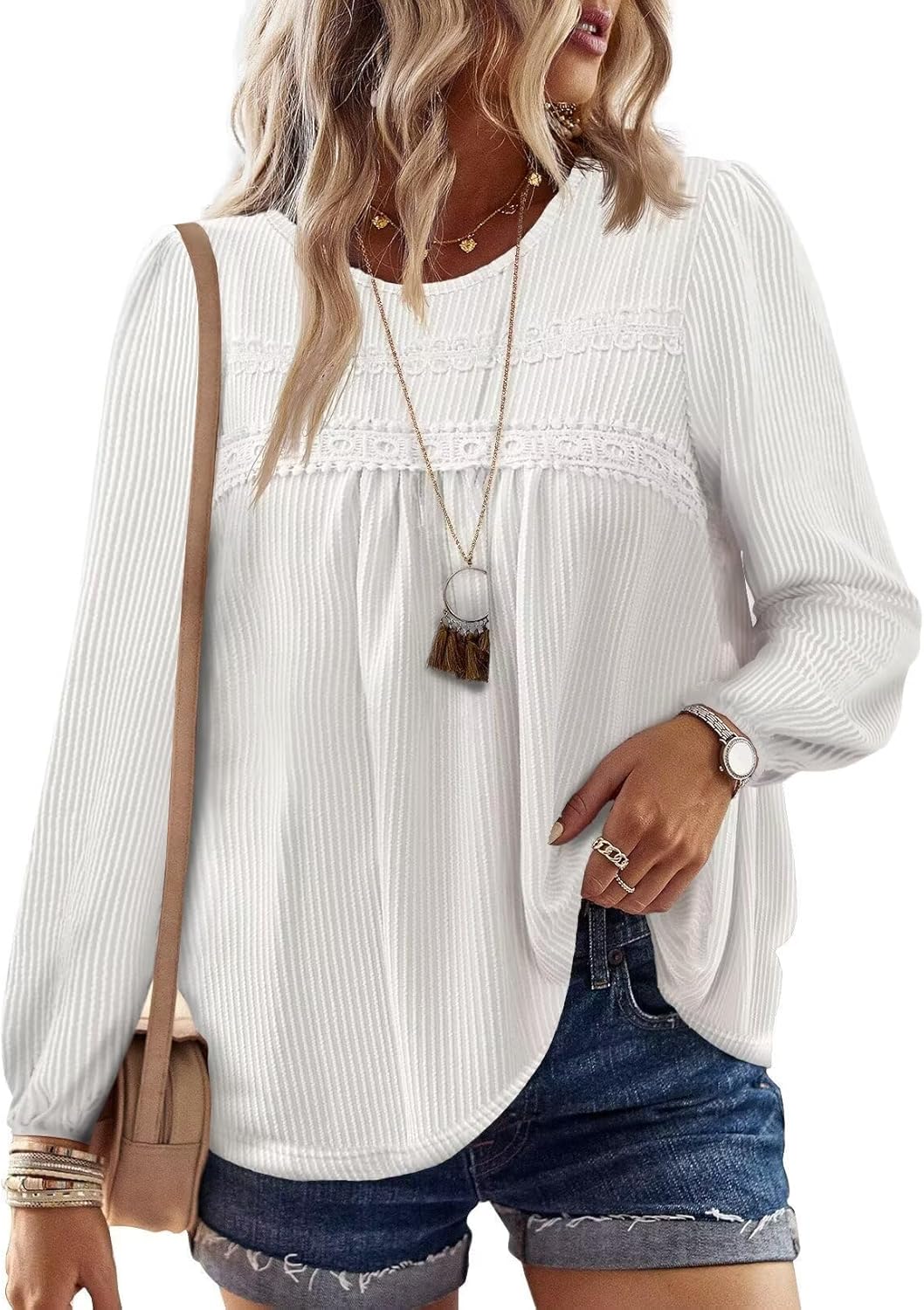 Womens Fall Tops Crewneck Long Sleeve Striped Shirts Dressy Casual Ribbed Blouses Flowy Hem Boho Clothing 2025