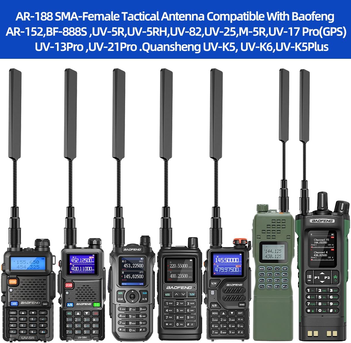 Image showing the ABBREE AR-188 antenna connected to various models of Baofeng and Quansheng radios.