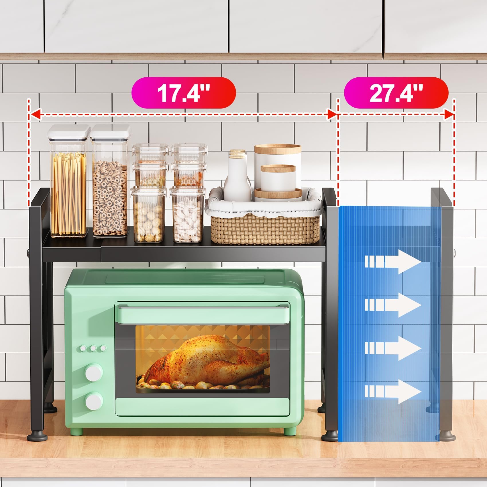 Kitstorack Verstellbares Mikrowellen-Regal, Mikrowellen-Regal, robustes 2-stöckiges Regal mit Schneidebrettern, Ständer für Küchenregale, Theken-Organizer, hält 54,4 kg, 9 Haken