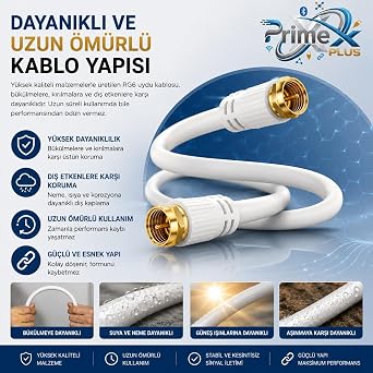 PrimeX Plus PX-TV1 1 Meter RG6 Full HD TV Satellite Cable, Gold end Antenna Cable, DVB-T, DVB-C, DVB-S, DVB-S2 White