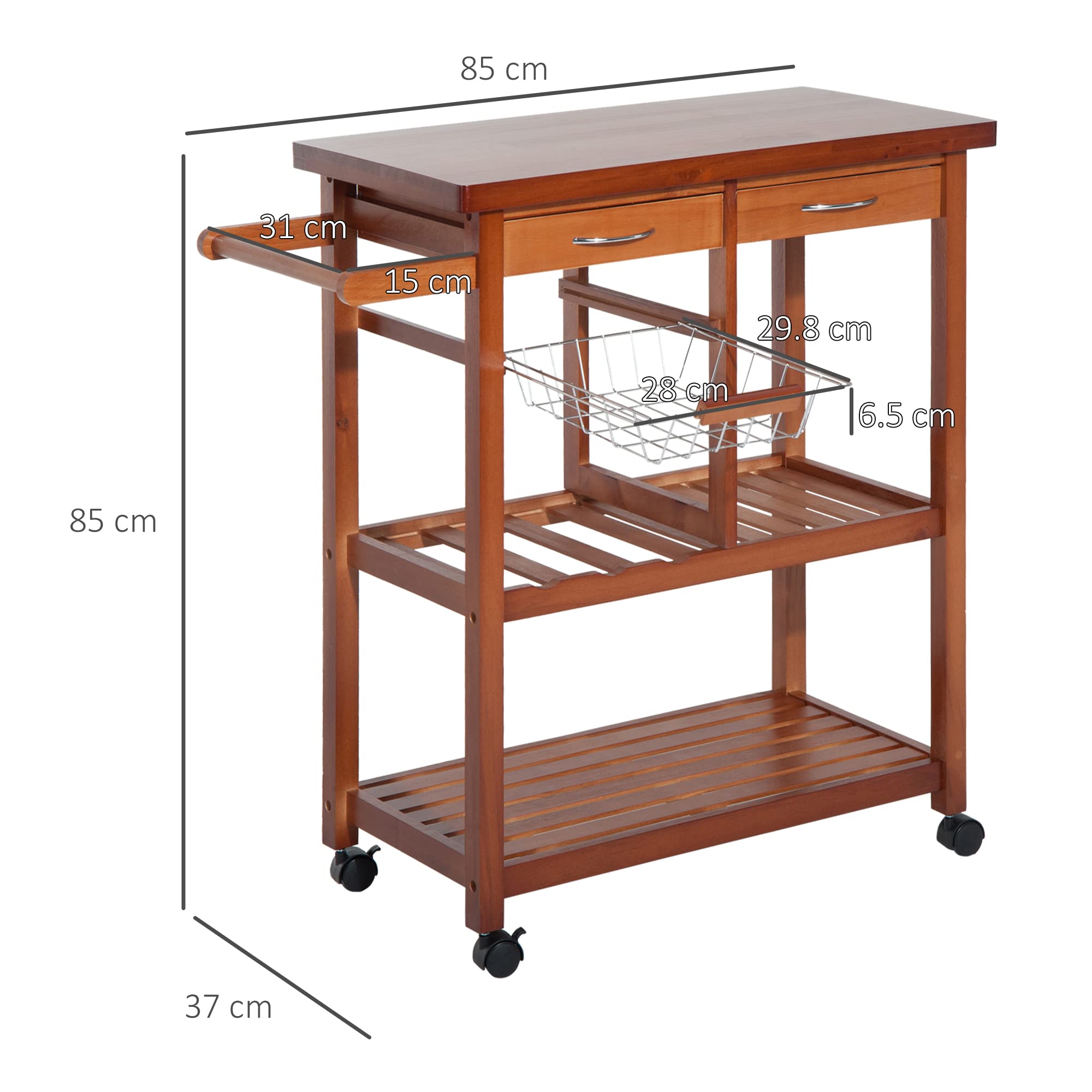 HOMCOM Carrello Portata da Cucina in Legno con Portabottiglie, Cestello, 2 Ripiani, 2 Cassetti, Legno di Pino, Resistente, Agevole, Versatile, 84.5x37.2x85cm