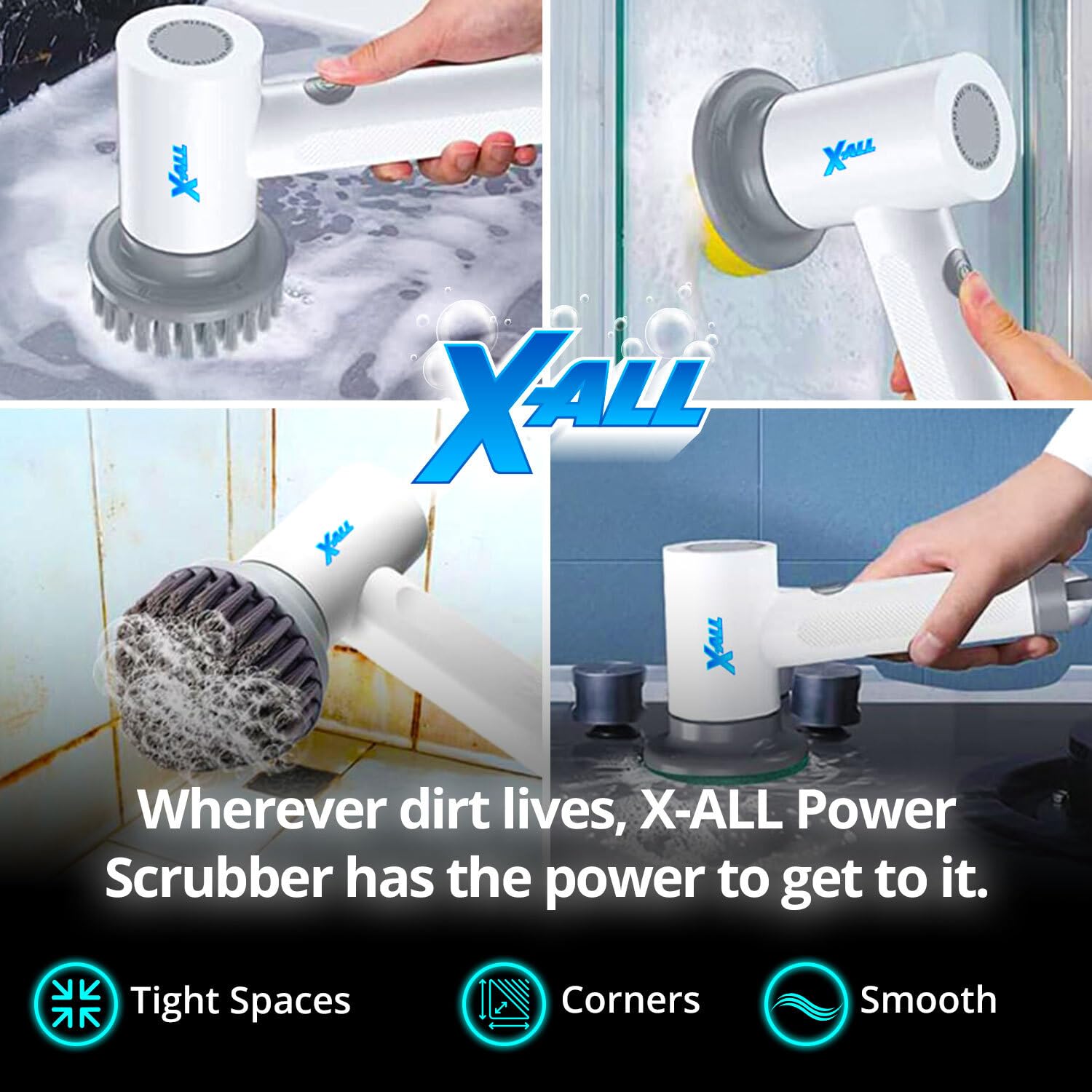 Electric Spin Power Scrubber - Rechargeable Lightweight Waterproof Cordless 2-Speed Control Cleaning Tool with 2 Spin Brush Heads - White
