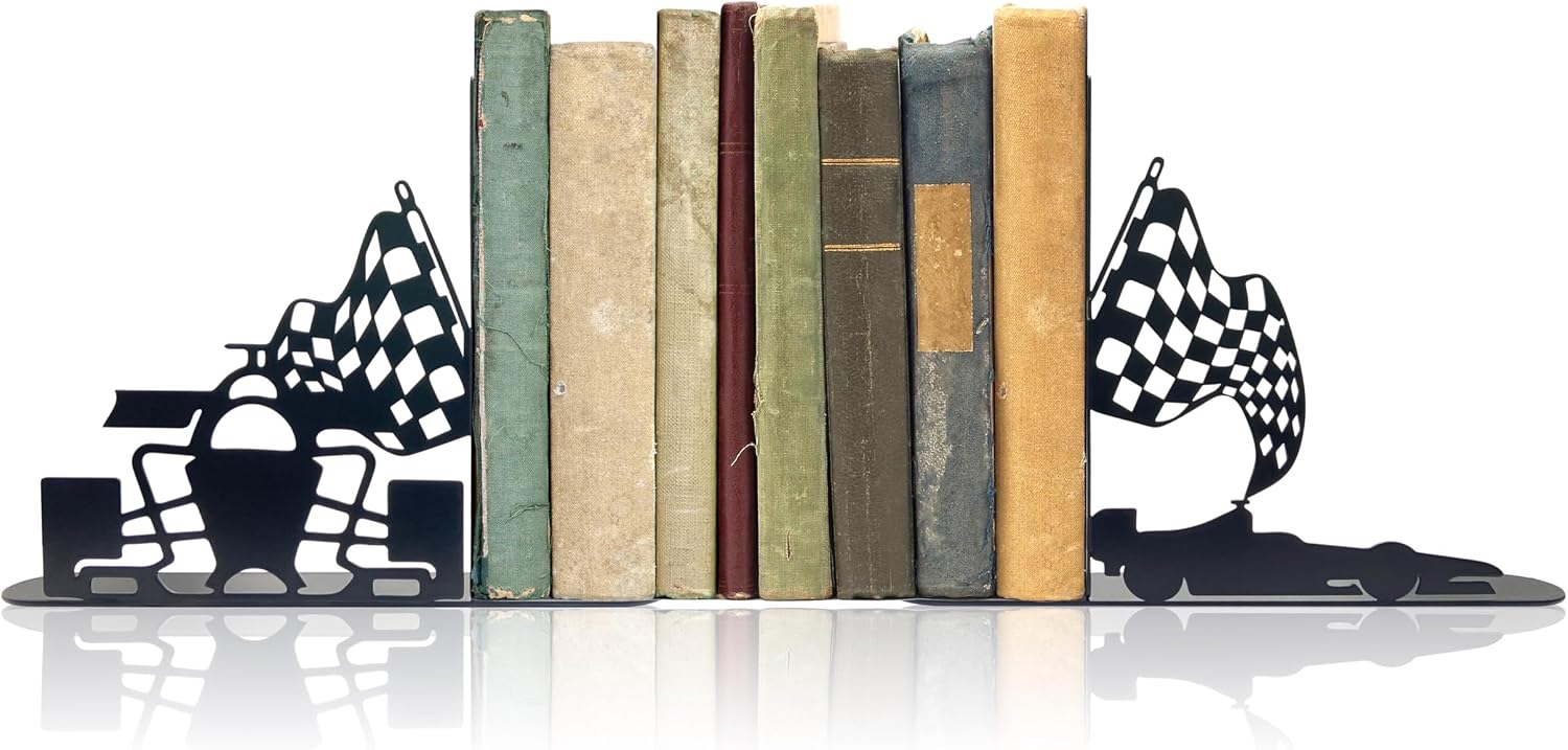 Metal Bookends Decorative Race Car Themed Kids Book Ends for Shelves, Durable F1 Gifts & Boys Room Decor Accessories