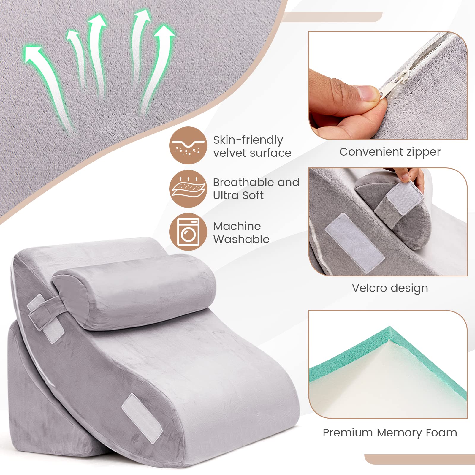 GOPLUS Juego de 6 Almohadas en Cuña de Espuma con Memoria | Almohada Ortopédica Ajustable para Cuello y Piernas, Alivio del Dolor de Espalda, con Funda Lavable, Gris