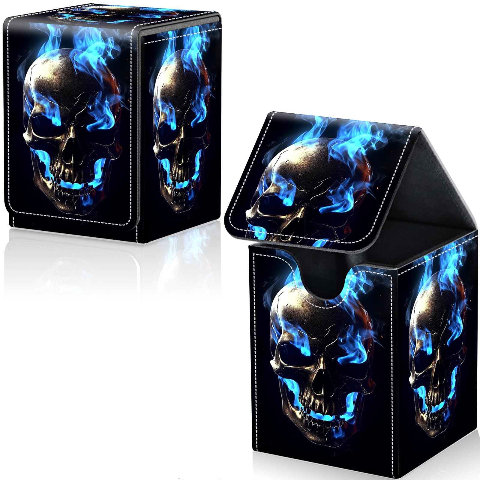 Qindaiwen Card Deck Box for Trading Cards, MTG Deck Box Fits 100+ Single Sleeved Cards, PU Leather Strong Magnet Card Deck Case Holder for Magic Commander TCG CCG, Fire Skull