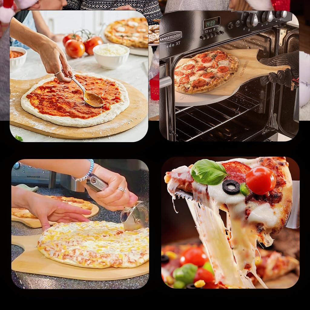 Pala de pizza de 12 pulgadas, paquete de 2 paletas de pizza de bambú, cáscaras de madera para hacer pizza, tabla de cortar de pastel de pan de pizza para cocina 3