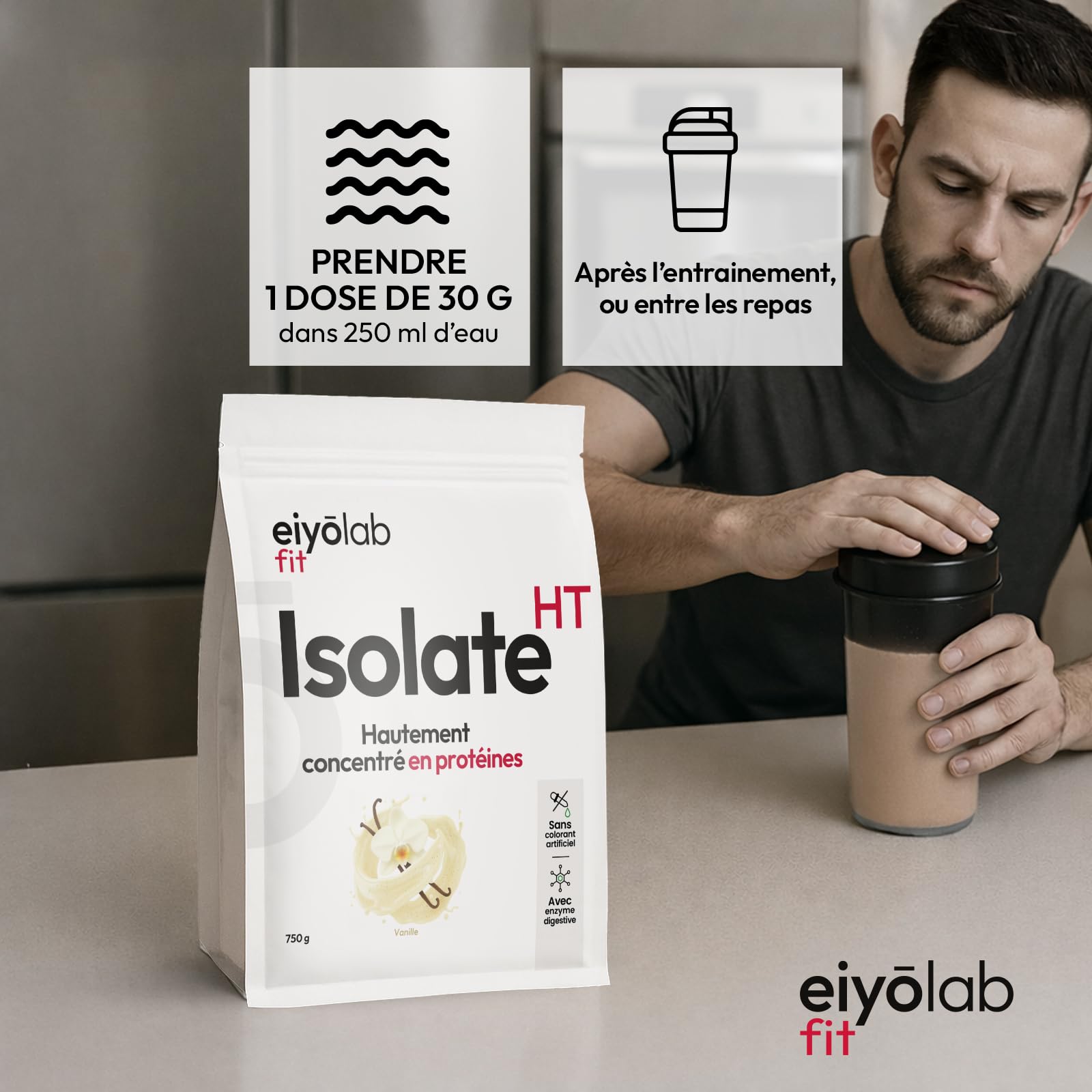 ISOLATE HT | Whey Isolat de Protéines en Poudre | Jusqu’à 88% de Protéines | Riche en BCAA + Glutamine | Musculation Rapide et Sèche | Faible en Lactose | Onctueuse Saveur Vanille | 750g | Eiyolab