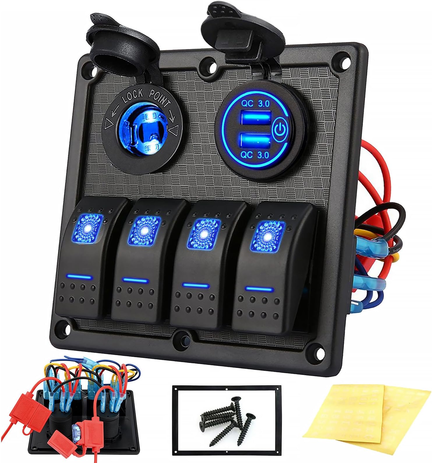 Kohree 4 Gang Marine Boat Rocker Switch Panel, 12V Waterproof LED Lighted Toggle Switches Fuse Breaker Protected Control with 12 Volt Marine USB Power Outlet for Car Boat RV Scooter Truck Vehicles