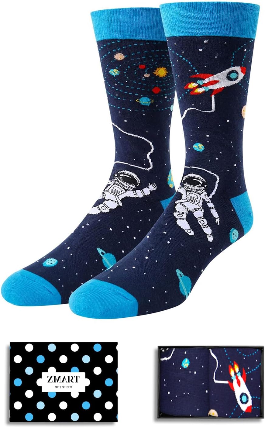 Funny Space Gifts for Men Teens - Astronaut & Alien Socks, UFO Socks for Adults, Astronaut Dark Blue, Medium