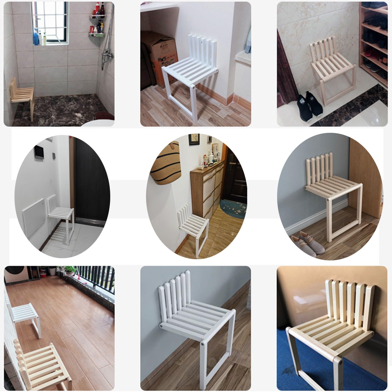 Bois Massif avec Pieds Chaise Pliante Hauteur 35/42 Cm Chaises Pliantes Murales Charge 150kg Home Entrance Tabouret Salle De Bain 90° Silencieusement Pliable Épaisseur 4 Cm