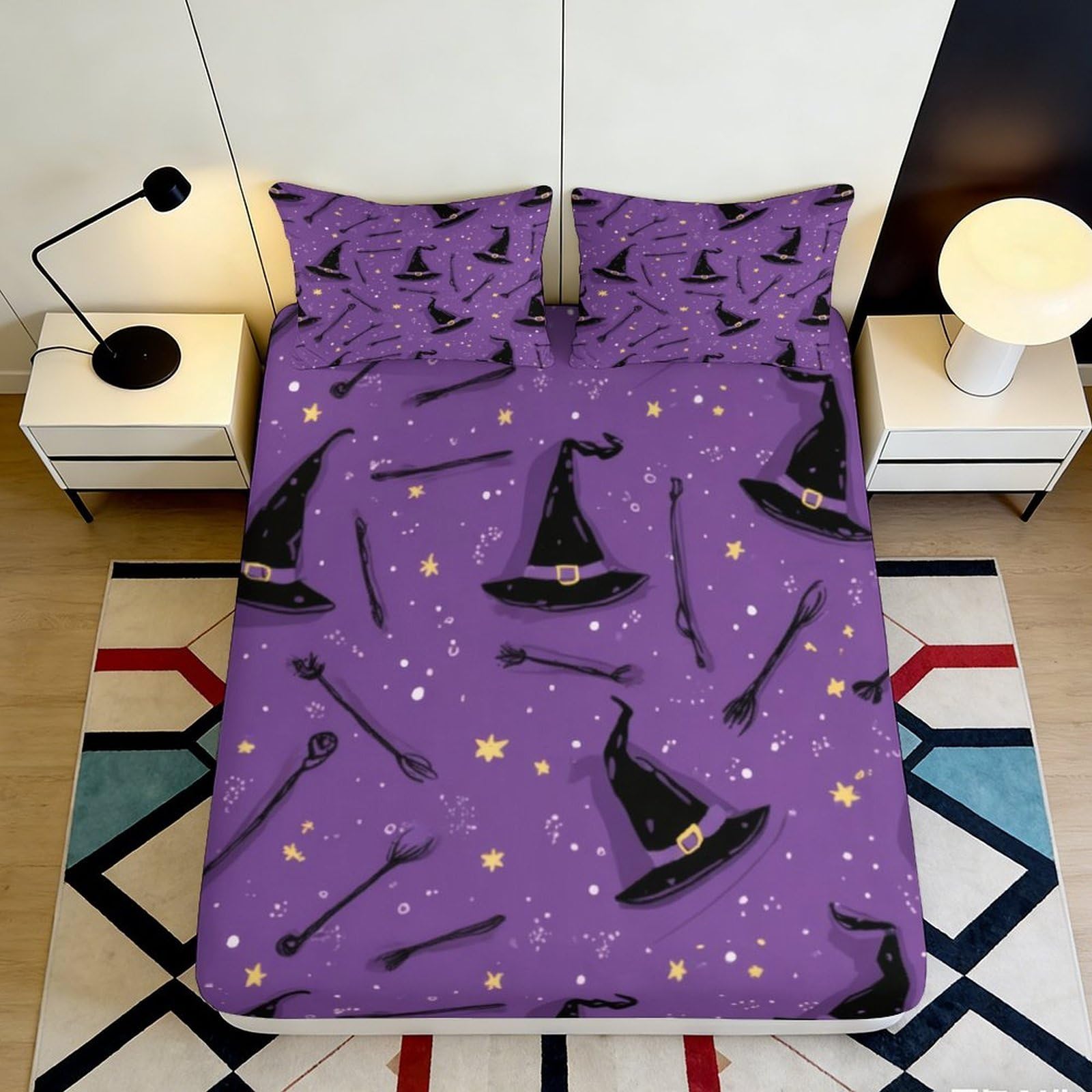 3D Printed Wizard Hat Pattern Fitted Sheet Microfiber Deep Pocket Bedroom Bedding Non-Slip Witch Decor Mattress Fitted Cover Washable 200x200x25cm 90x200x25cm