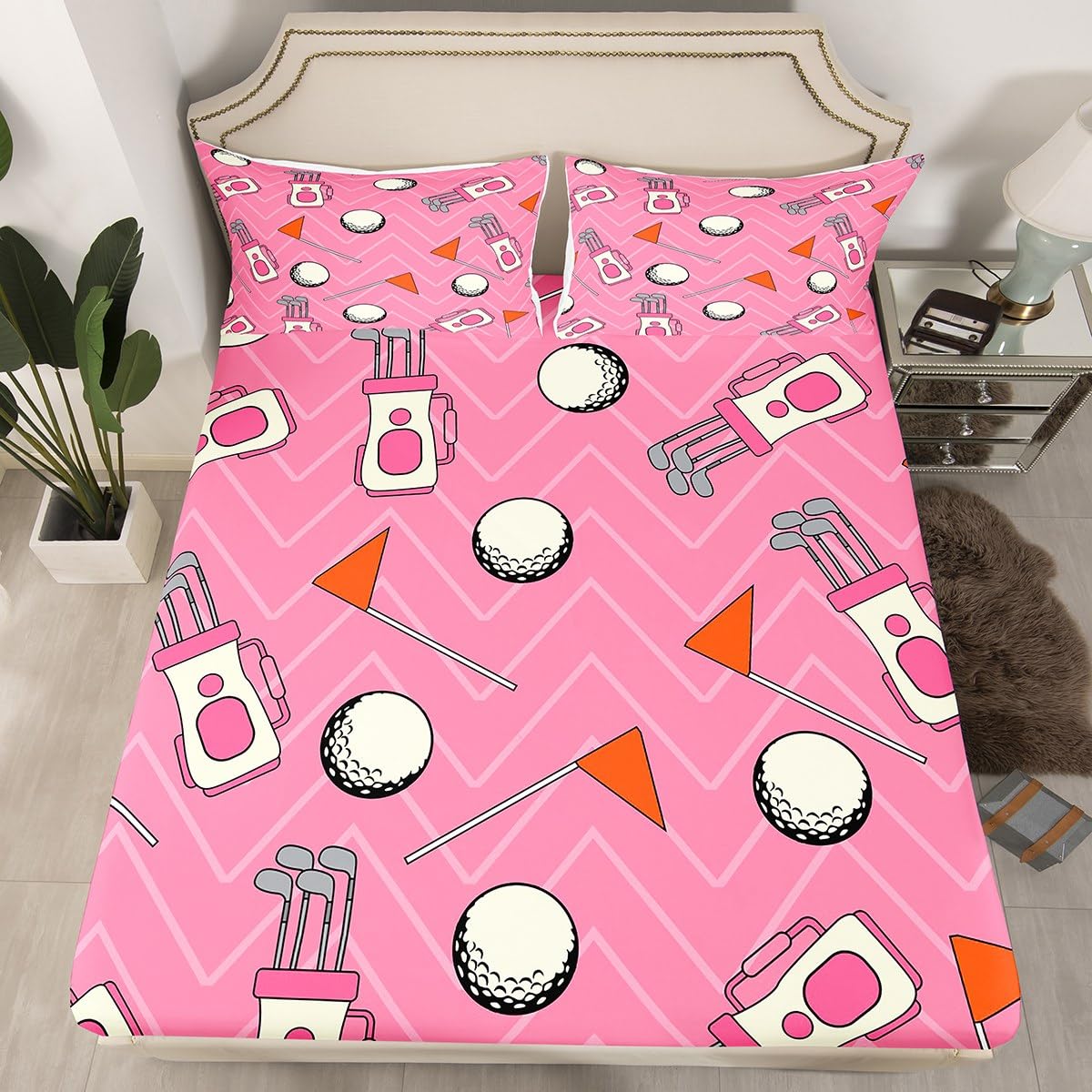 Cartoon Golf Fitted Sheet Full Size Sports Equipment Bedding Set 3Pcs(No Flat Sheet) Golf Balls Gaming Bed Sheet for Boys Girls Teens Room Decor Pink Red White Deep Pocket Sheet