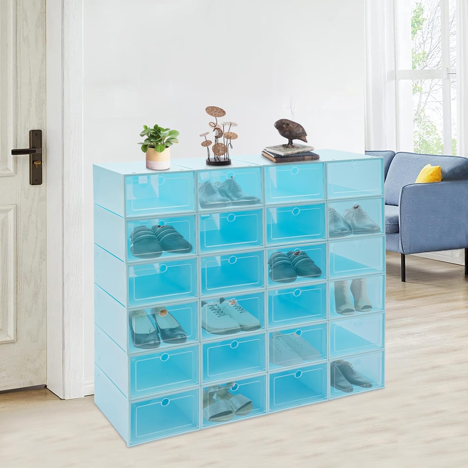 Shoe Storage Boxes Organizers, Clear Plastic Stackable 24 Pack, Shoe Rack & Holder Substitute, Sneaker Containers, Toy Storage Organizer Bins for Entryway, Closet, Under Bed, Blue