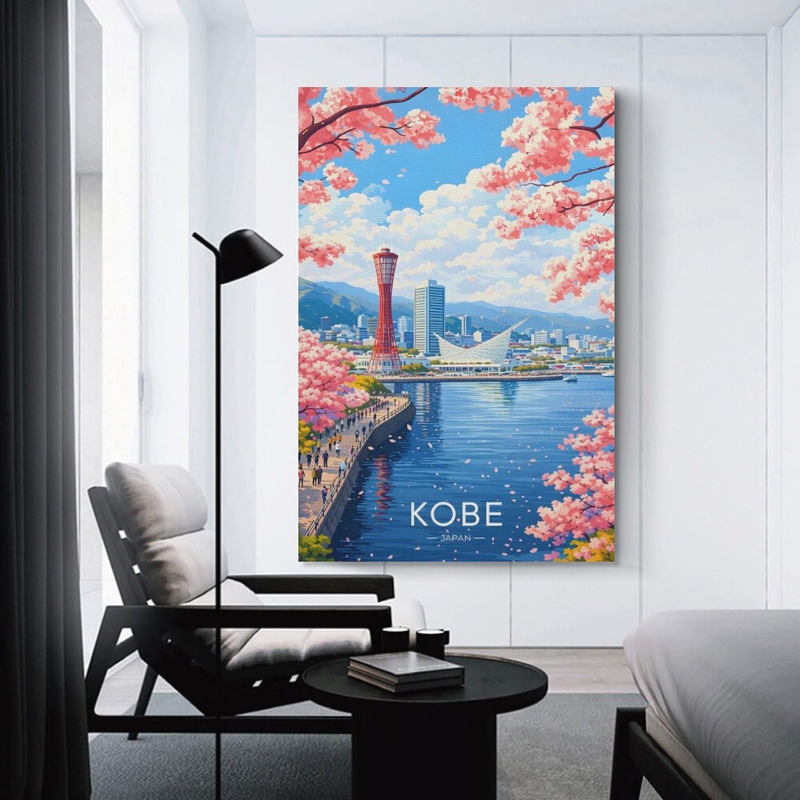 Junmoney Kobe Cityscape with Cherry Blossoms Wall Art Print 20x30inch(50x75cm), for Hallway, Entryway Or Landing, A Neat Decor Update for Hallways, for Everyday Interiors