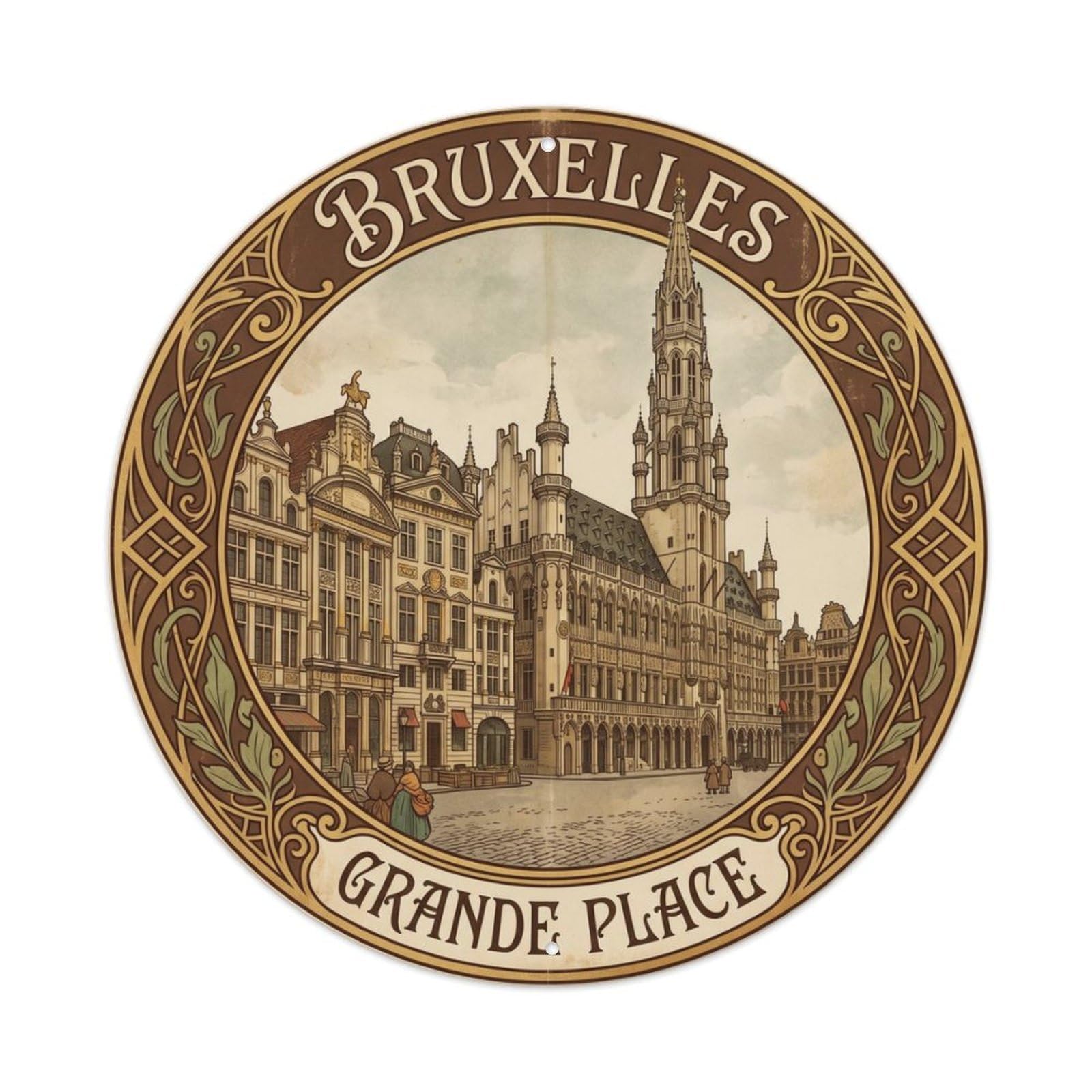 Vintage Travel Square Brussels Guildhalls Metal Tin Sign Plaque Wall Decor for Cafe, Club, Garden Round Metal Poster 8x8Inch