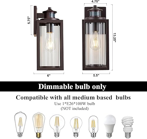 Miniatura 2 de MICSIU Paquete de 2 luces exteriores con sensor de movimiento del atardecer al amanecer, aplique de pared exterior de bronce impermeable con vidrio