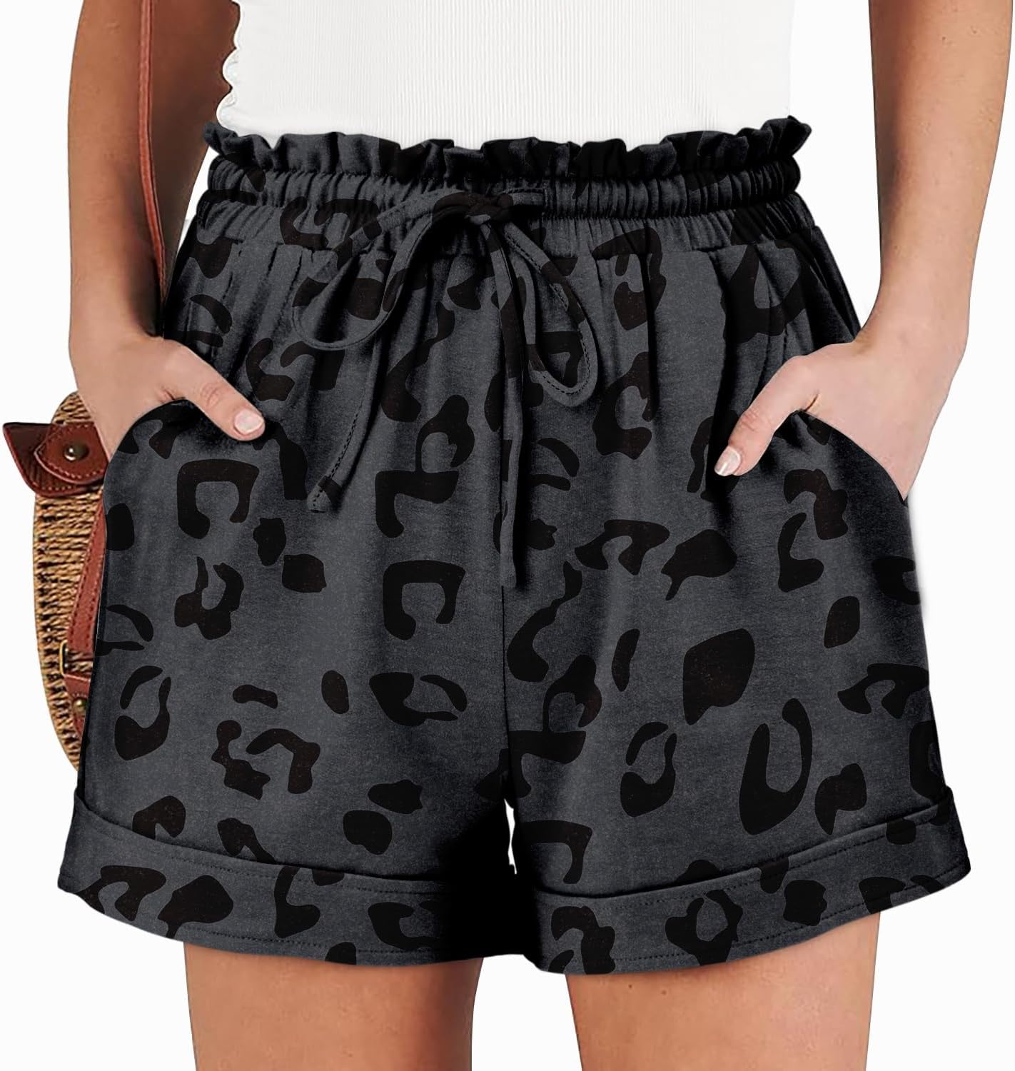 Angerella Women Casual Shorts Drawstring Comfy Elastic Waist Shorts Summer Pull On Short Pants with Pockets B Grayleopard Small