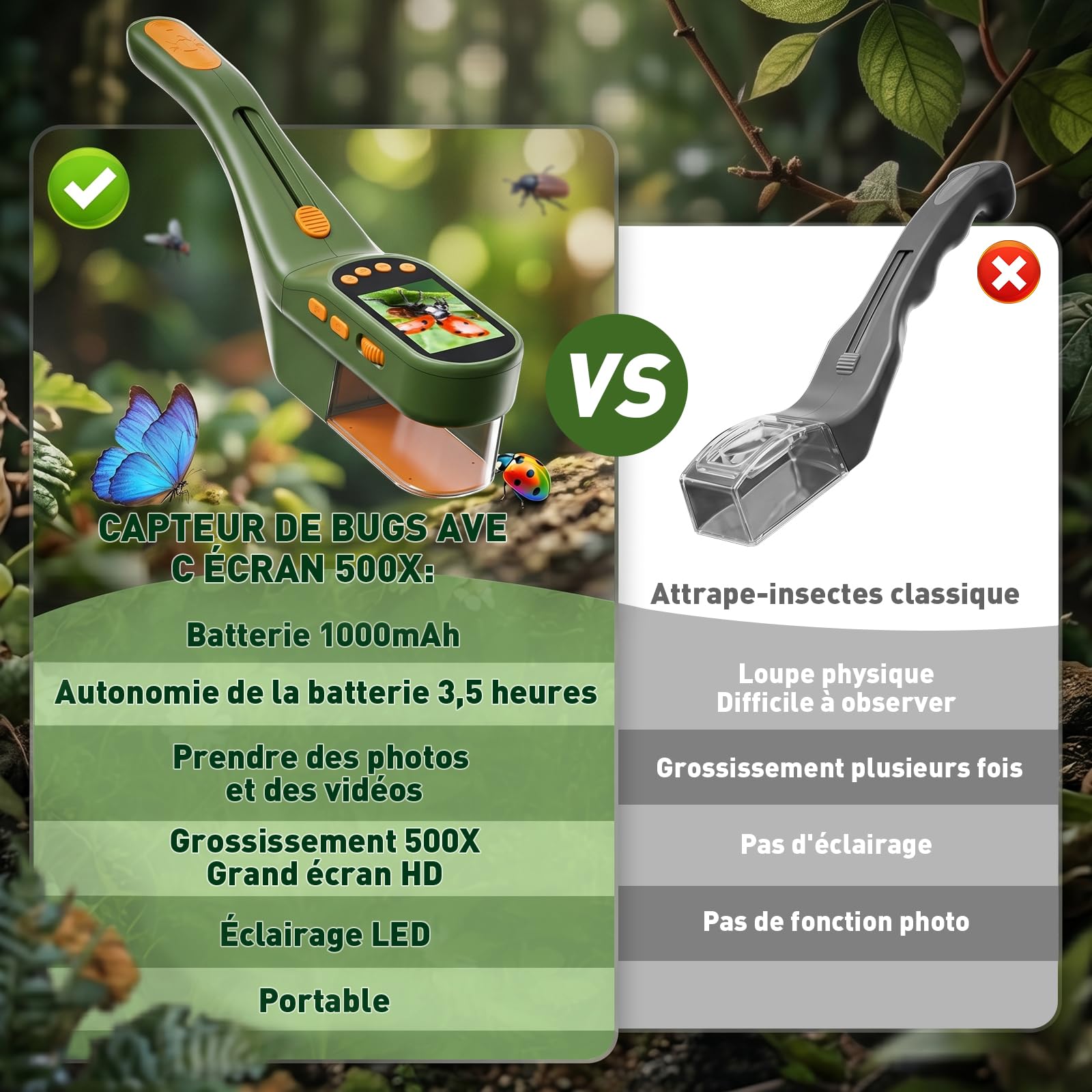 Kit Exploration Enfant avec 500X écran, Prendre des Photos/Vidéos | Attrape Araignée, Jouet Exterieur Enfant avec Loupe, Boite Loupe Insecte, Jouet éducatif de Noël Cadeau pour Garçon et Fille