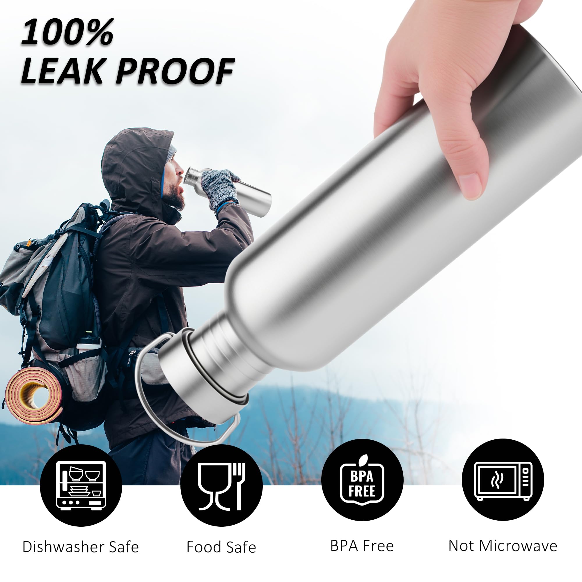 Botella Agua Acero Inoxidable 1000ML (1 Litro) - Cantimplora Acero Inoxidable Sin BPA, Reutilizable Ligera y Sin Fugas, Dos Tapas para Gym, Gimnasio, Deporte, Oficina y Niños