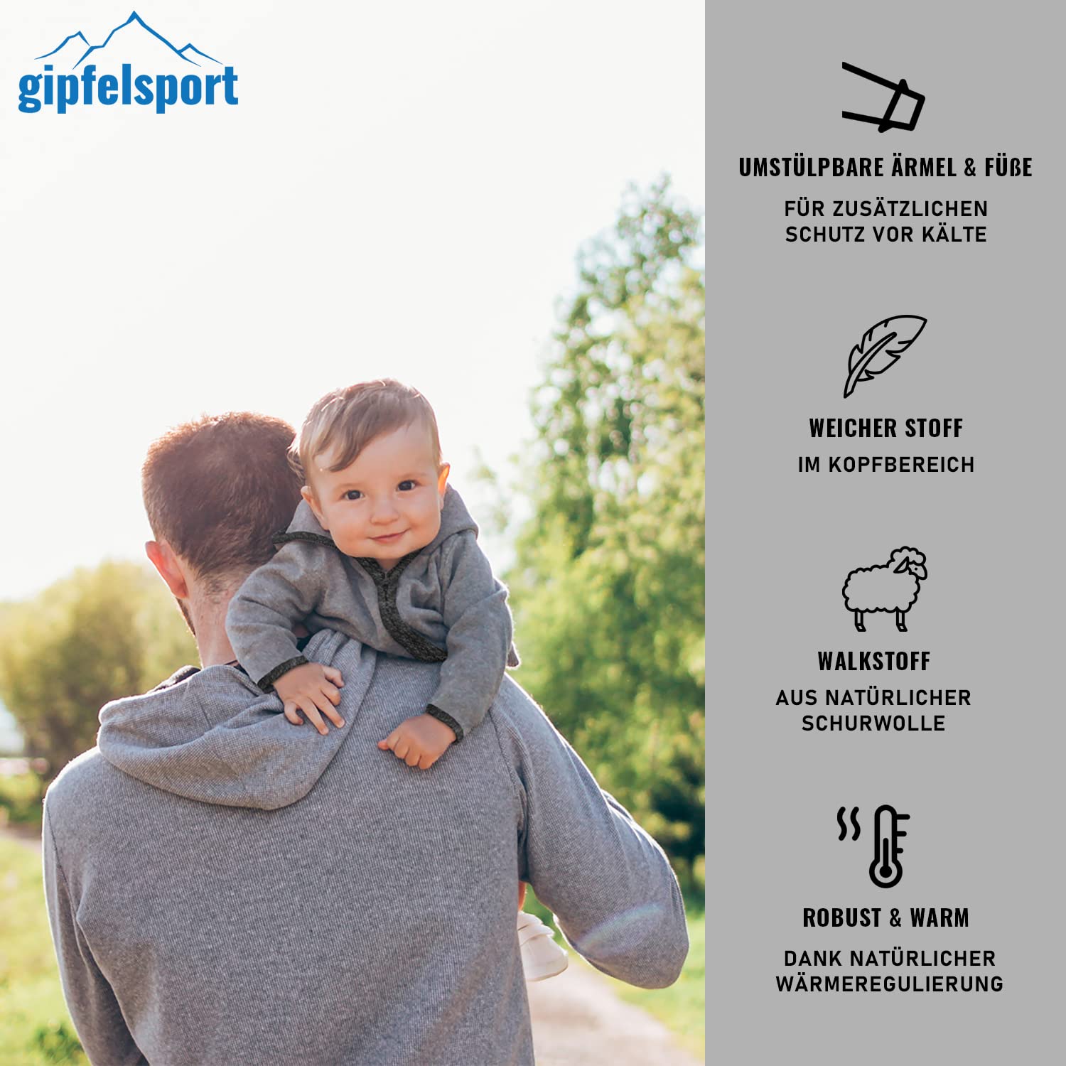 gipfelsport Wollwalk Overall Baby - Walkoverall mit Reißverschluss aus Natur Merino Wollfleece I Wollanzug, Wallwalkoverall aus Schurwolle für Kleinkinder, Babys