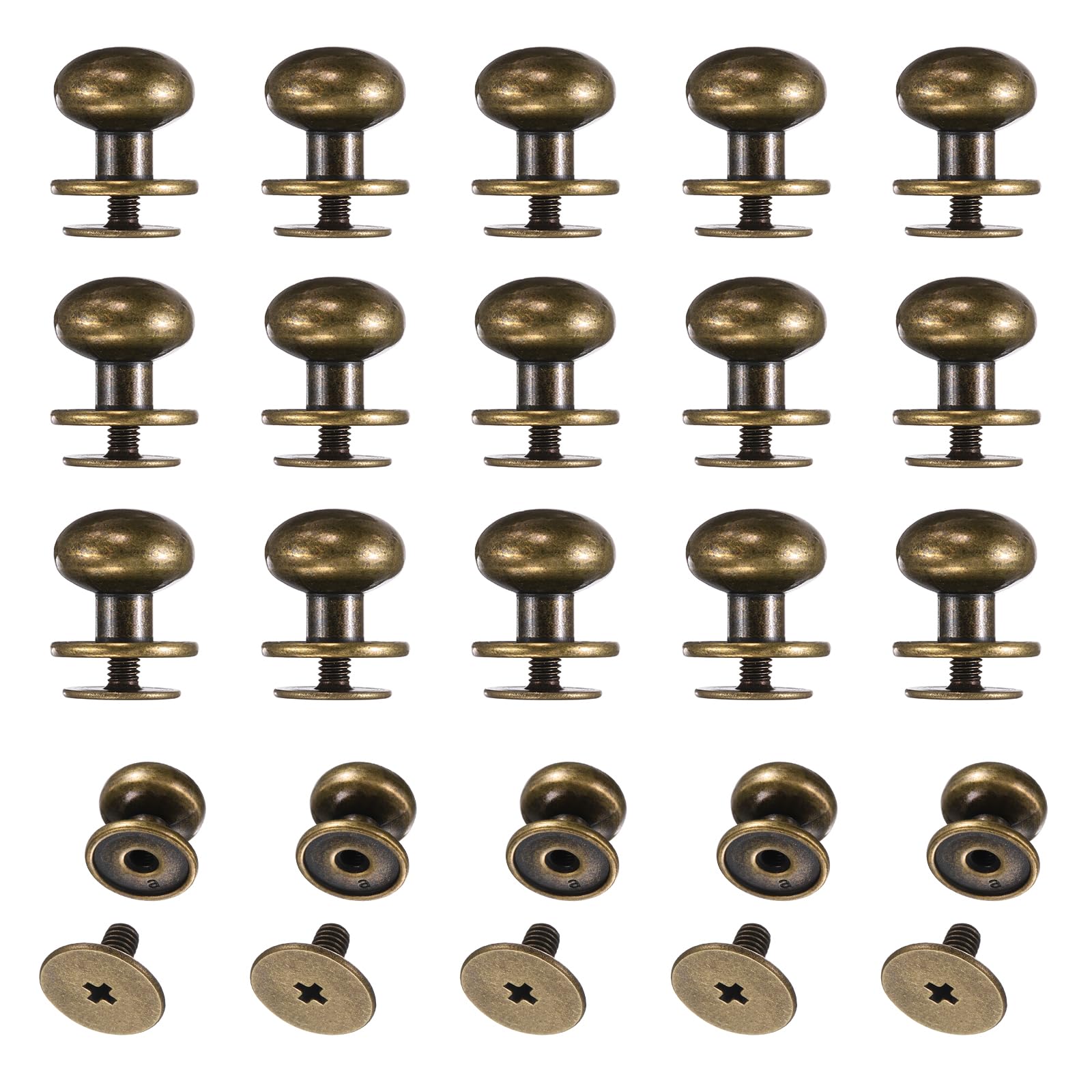 sourcing map 20set Round Head Button Stud Screw 12mm Zinc Alloy Chicago Screws Button Stud Rivets for Leather DIY Craft Leather Belt Wallet Handbag Repairs Decoration, Bronze