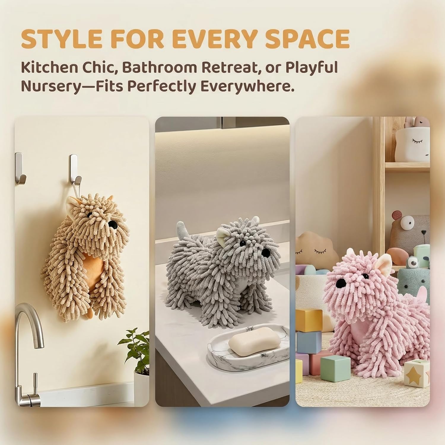 2 PCS Puppy-Shaped Chenille Hand Towel – Cute & Functional Home Essential, Fuzzy Ball Dog Hand Towel, Soft and Super Absorbent, No Fading, for Bathroom/Kitchen Countertops (Light Blue+Khaki)