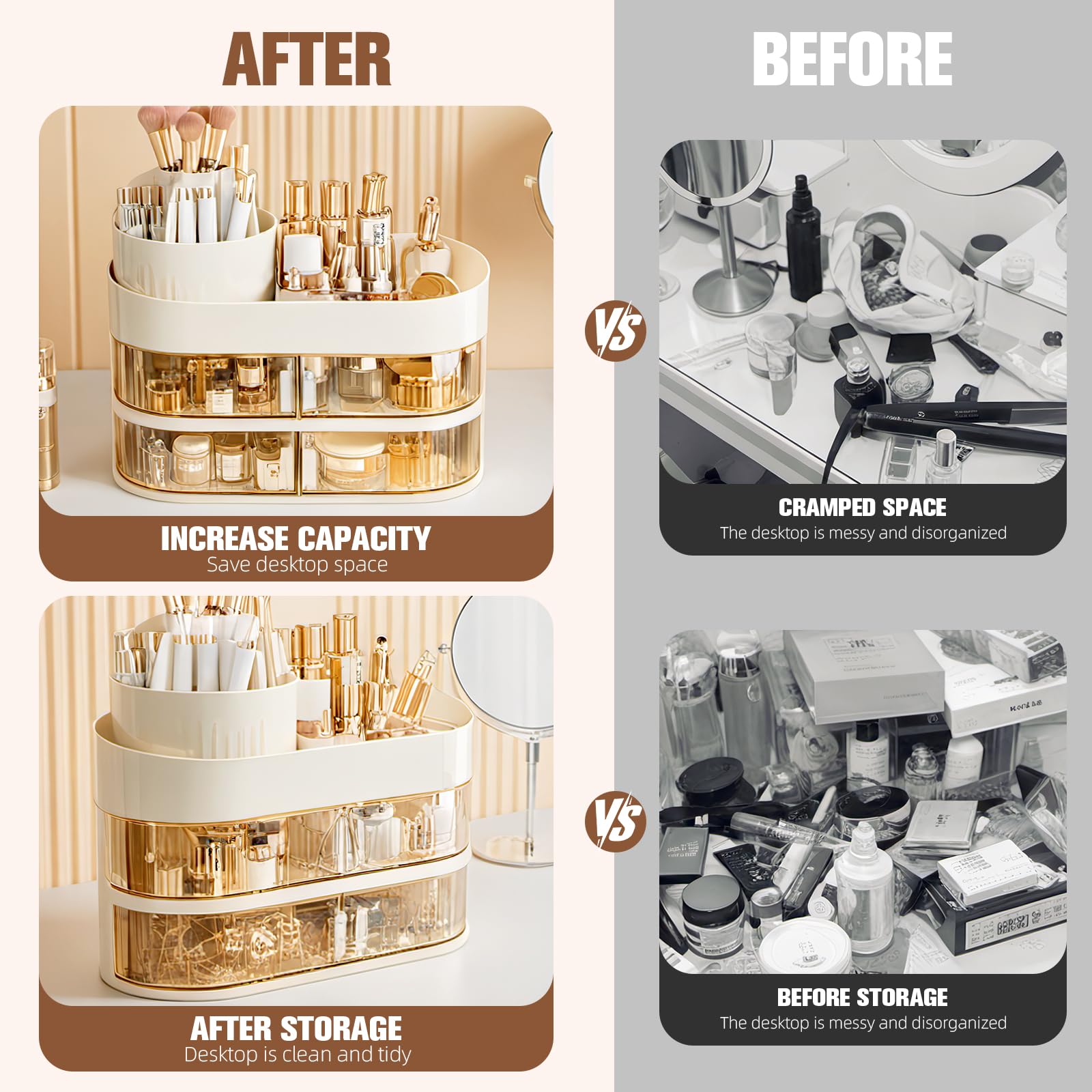 FoiiLiio Make Up Organizer per Cosmetici con 2 Rotazione Cassetti, Grande Porta Cosmetici Multifunzionale con Rotazione a 360°, per trucco adatto per gioielli, spazzole, rossetto e creme (Beige)