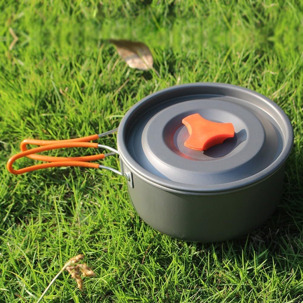 Portable Camping Cookware Set, Lightweight Backpacking Pot and Pan, Non- Anodized Aluminum Camping Pots with Compact for Camp Kitchen Kit for Hiking, Outdoor(Green Handle)