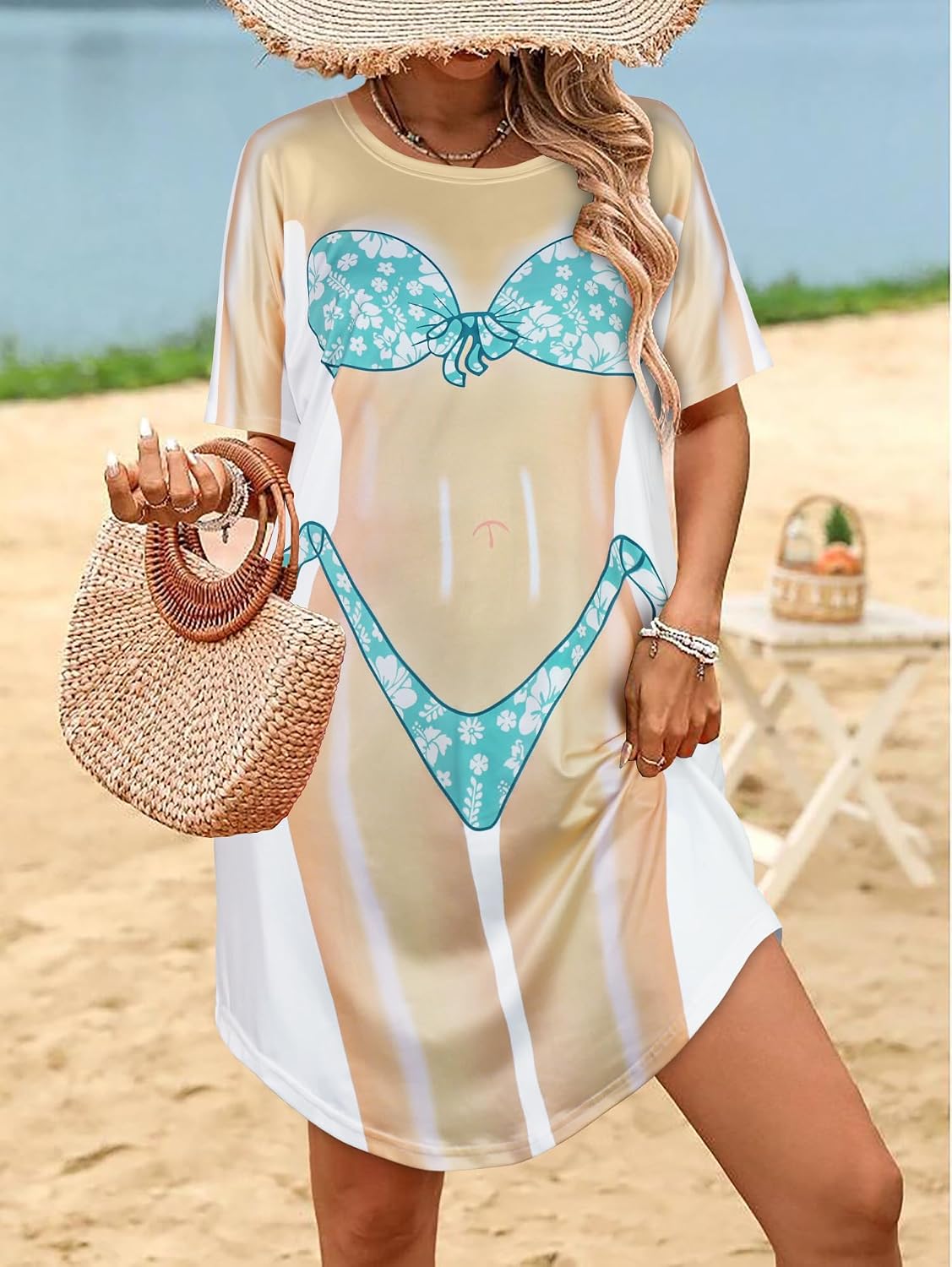 Womens Beach Cover Up Funny Bikini Printed Short Sleeve Baggy Cute Coverups image 3