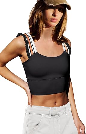 LAMISSCHE Womens Cropped Workout Tank Tops Padded Sports Bra Time Out Tank Ruffle Athletic Yoga Gym Camisole Tops