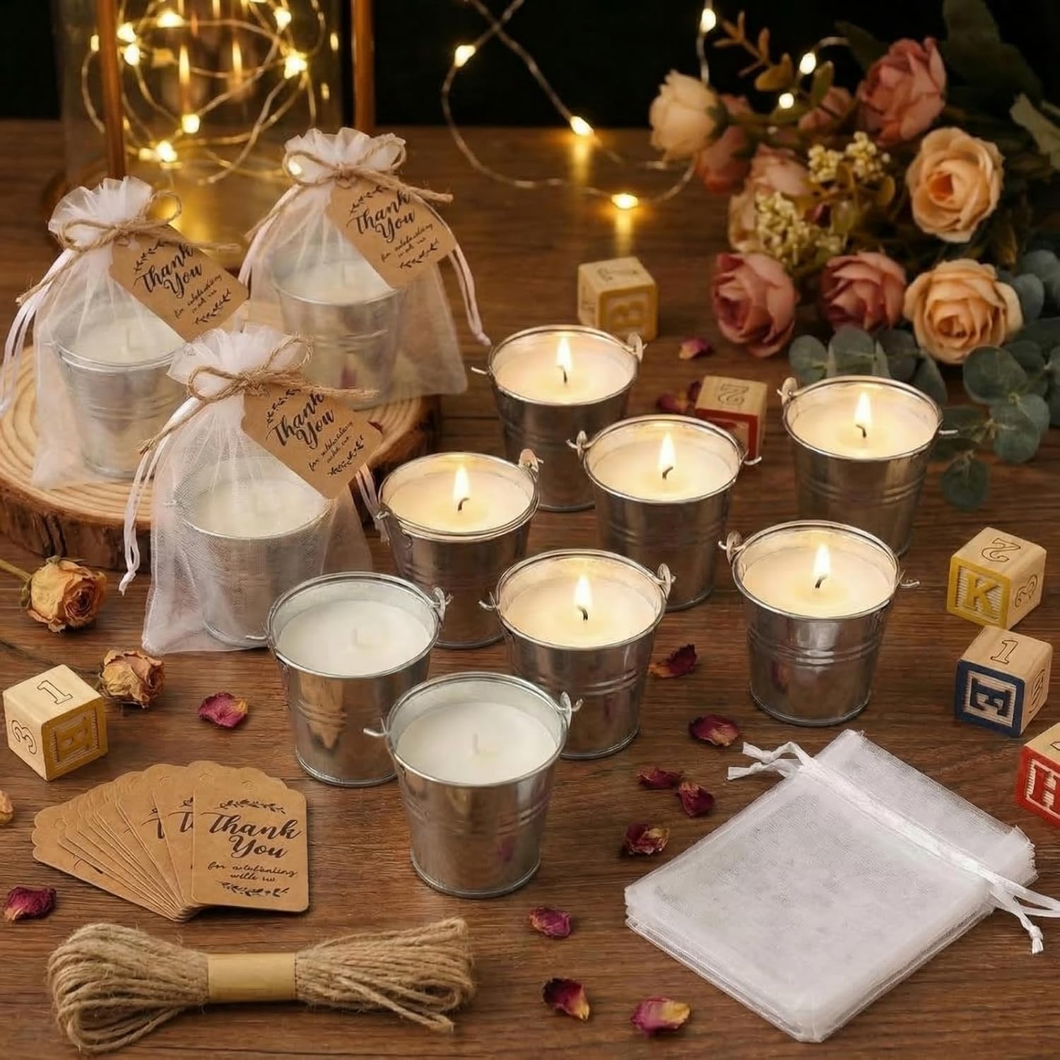 Lounsweer 36 Set Citronella Scented Candles Gifts Bulk with Mini 1.8 oz Metal Buckets Aromatherapy Candles Thank You Cards Hemp Rope White Organza Bags for Bridal Wedding Baby Shower Party Favor Guest